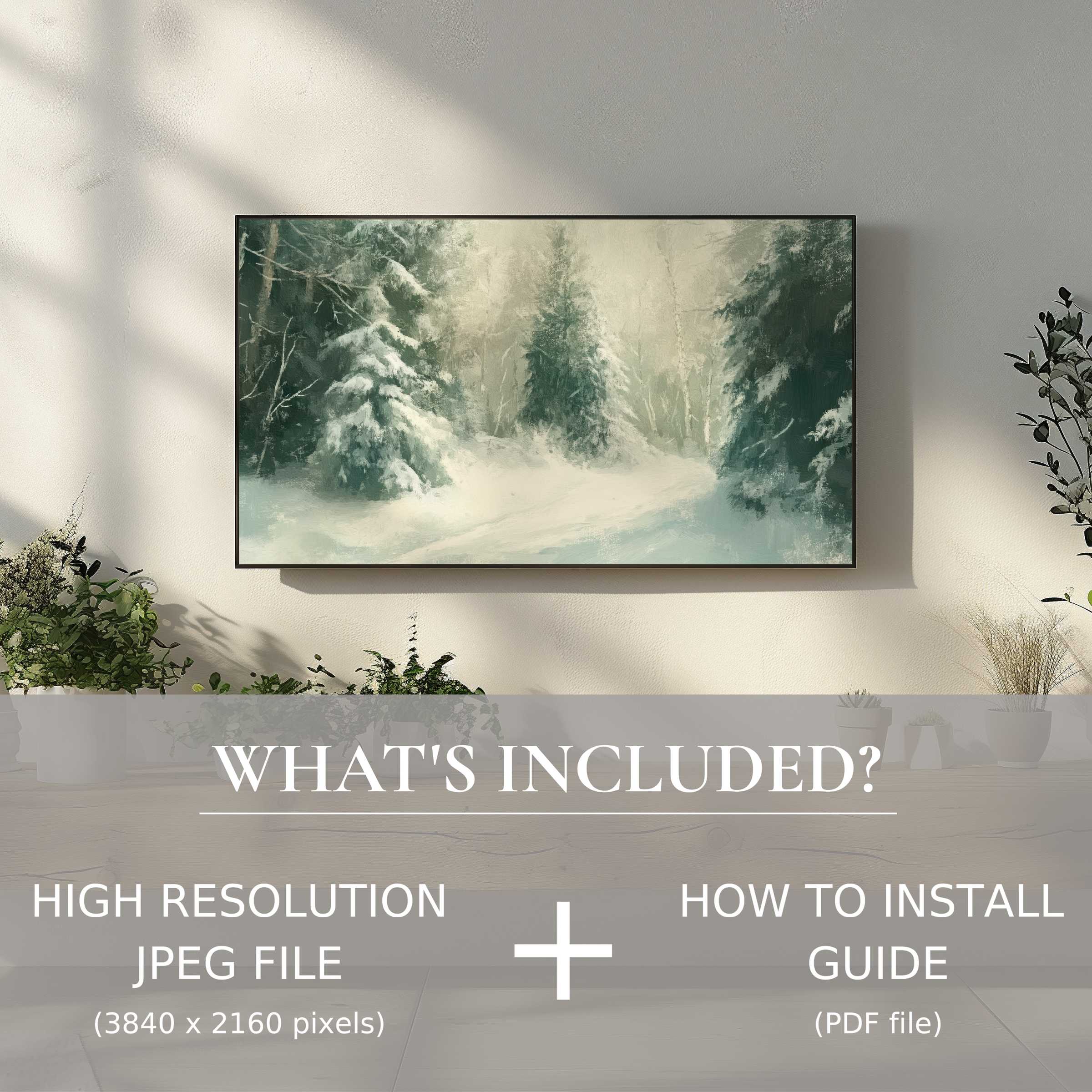 Elegant winter digital TV art download with easy use, enhancing modern living spaces with serene snowy forest beauty