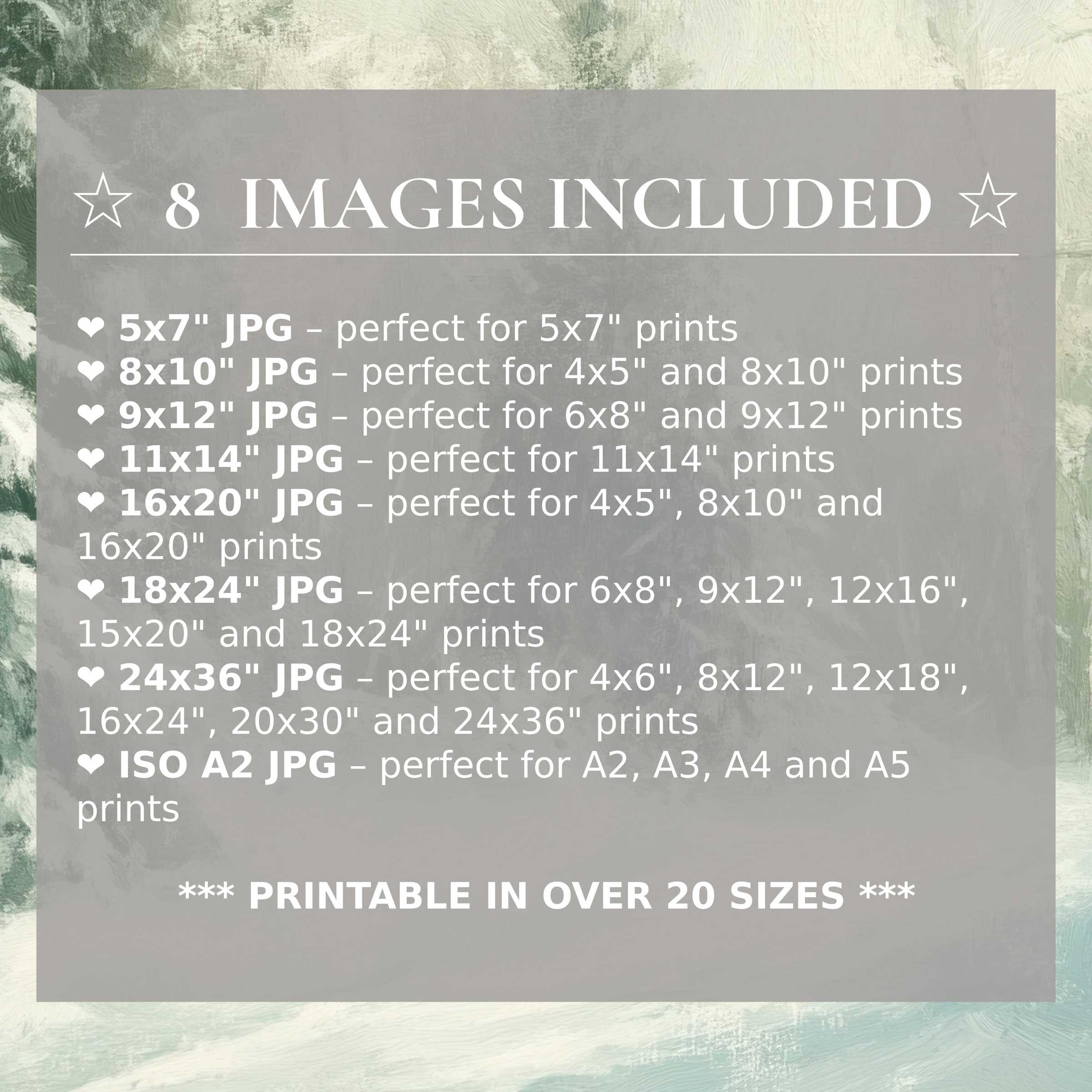 Winter digital print with serene green and icy hues, delivering radiant calm to luxe modern interiors in 8 high-quality sizes included