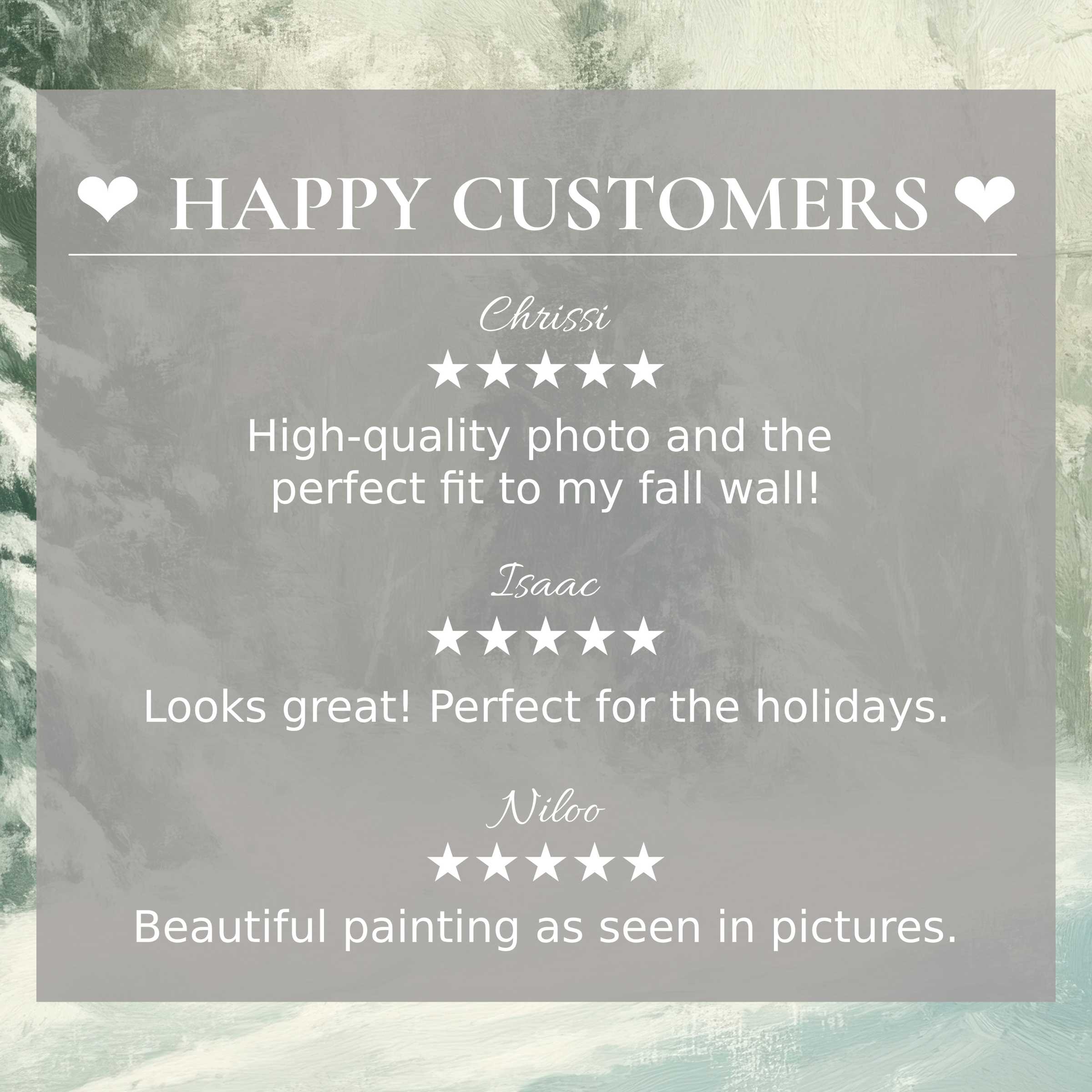 Winter art for Frame TV with soft green abstract background; happy customer reviews build trust and showcase elegance