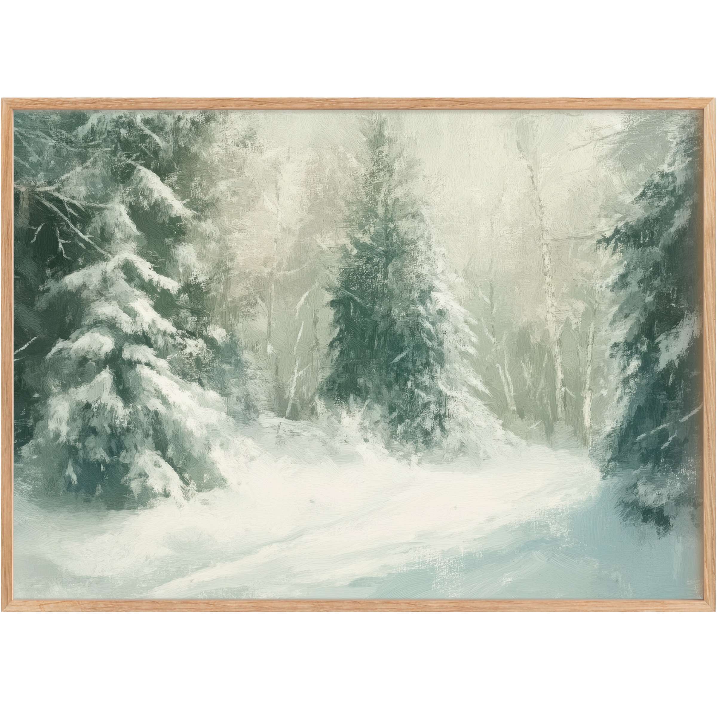 Serene winter printable wall art featuring snow-dusted evergreens in muted greens and soft whites, evoking calm and quiet elegance