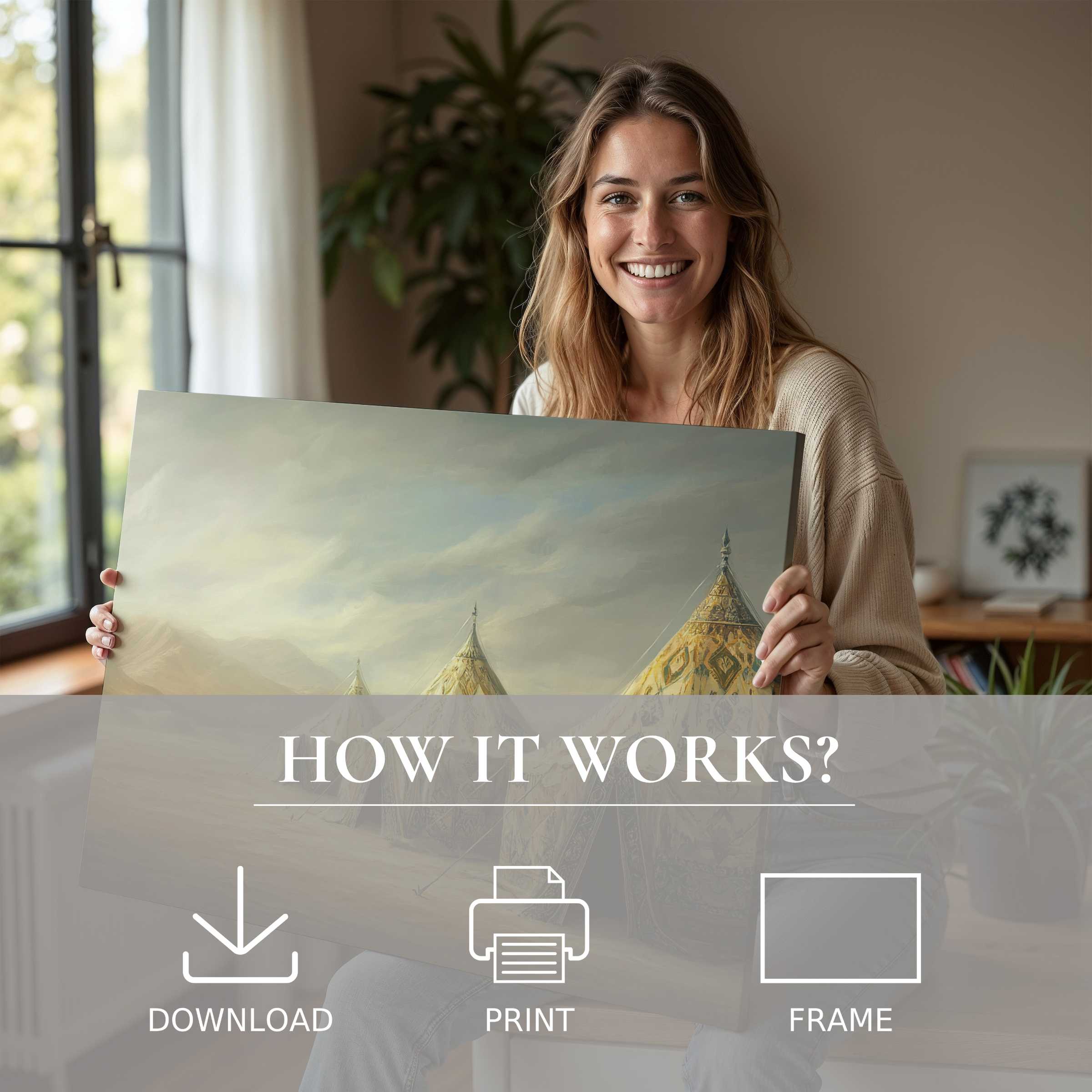 Radiating warmth and joy, a serene moment unfolds as a woman reveals a boho digital art print, inviting effortless elegance into modern living