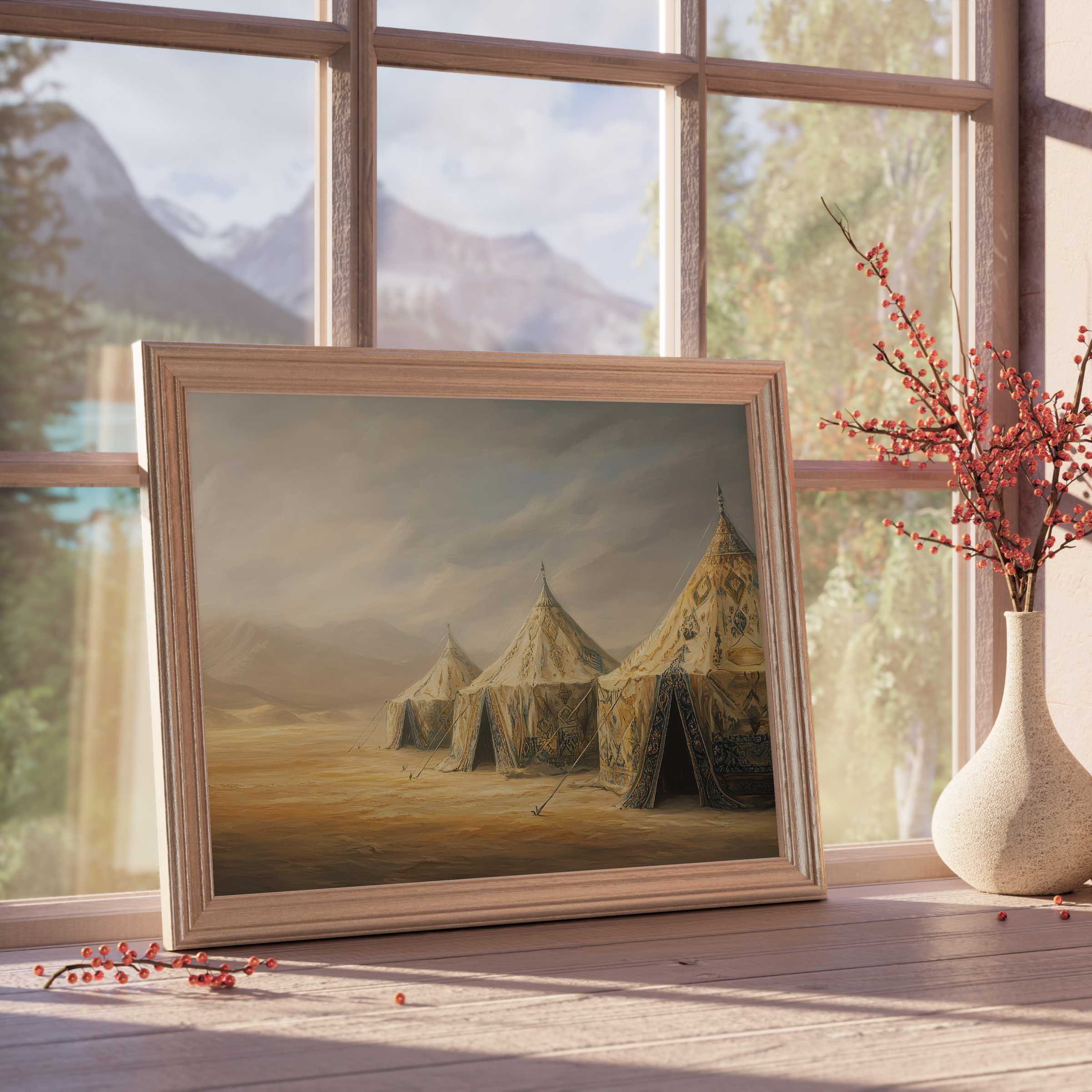 Boho downloadable art capturing serene desert tents with warm, earthy hues, perfect for curated, tranquil design-forward interiors