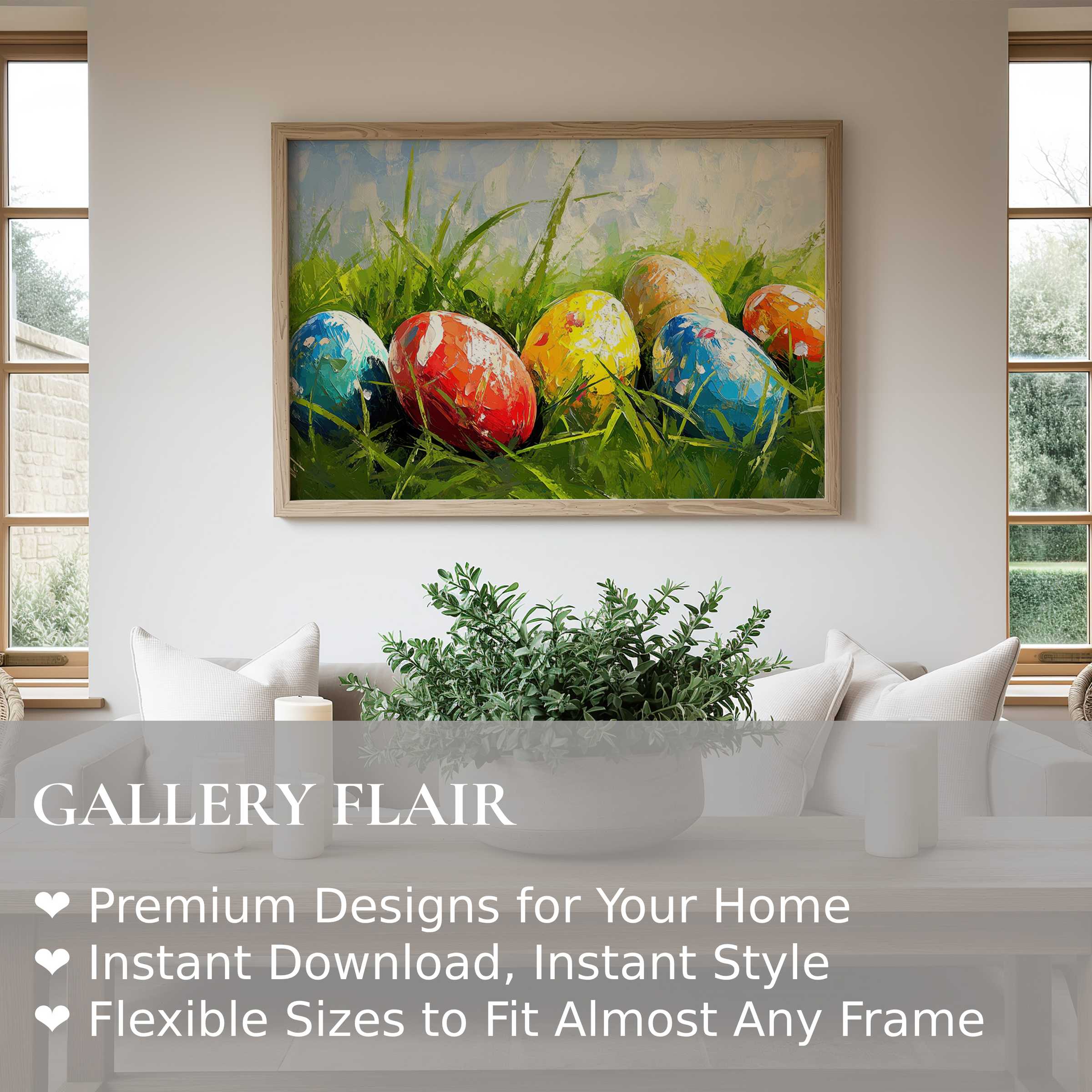 Vibrant easter wall art print with colorful eggs nestled in lush grass, enhancing modern minimalistic interiors with fresh, lively charm