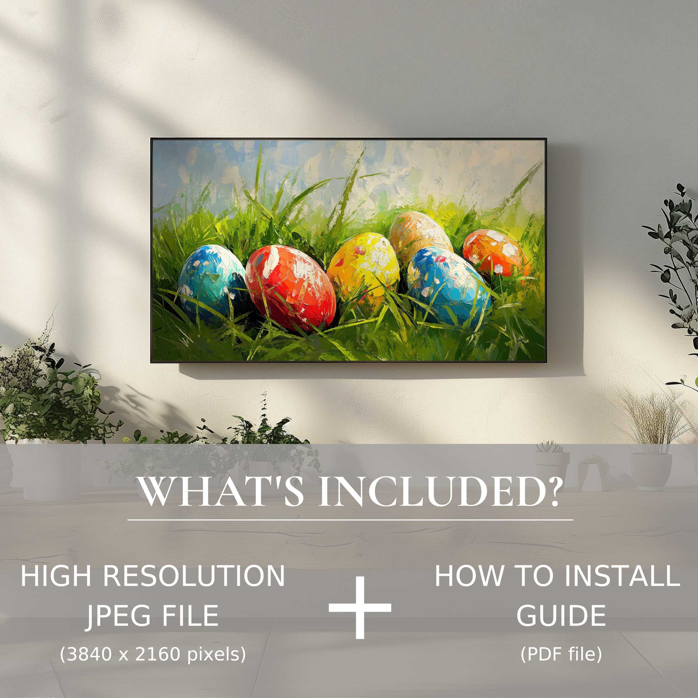 Elegant easter digital TV art download with vivid eggs brightens modern living spaces, easy to use and enhance ambiance