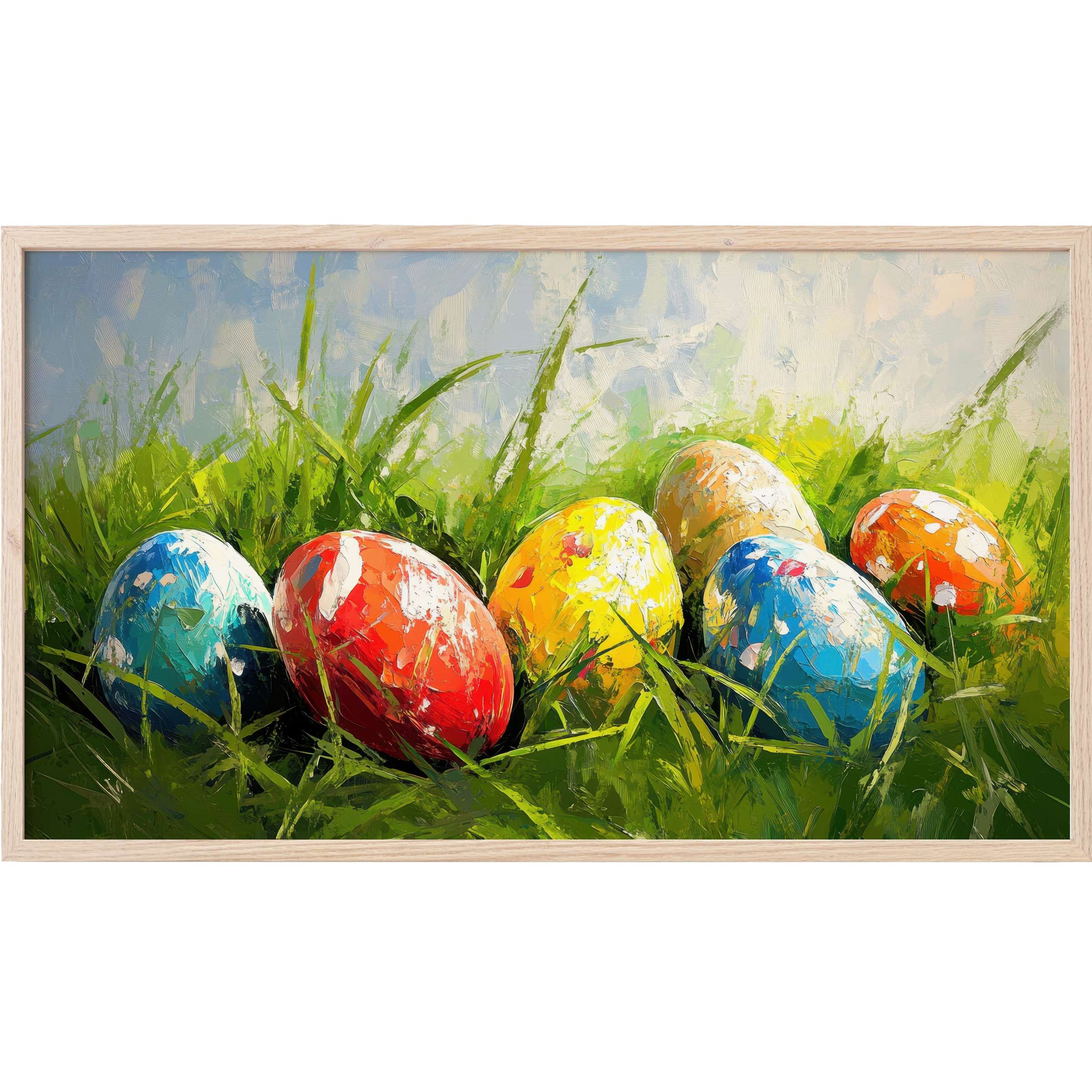 Vibrant easter Frame TV Art with textured colorful eggs nestled in lush green grass, set against a soft sky