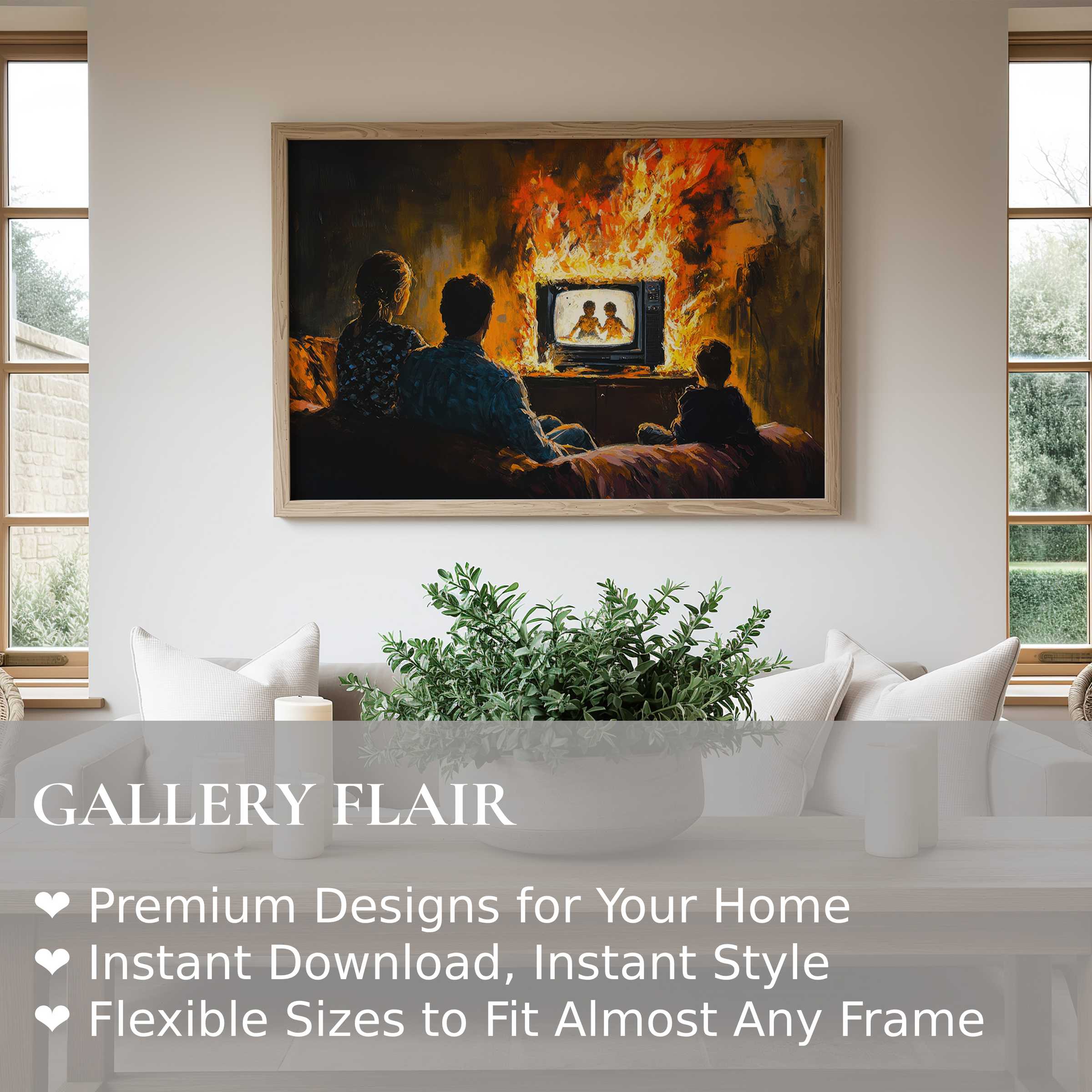 Bold street art wall art print capturing a fiery TV scene in a cozy, modern living room with natural light and minimalist décor