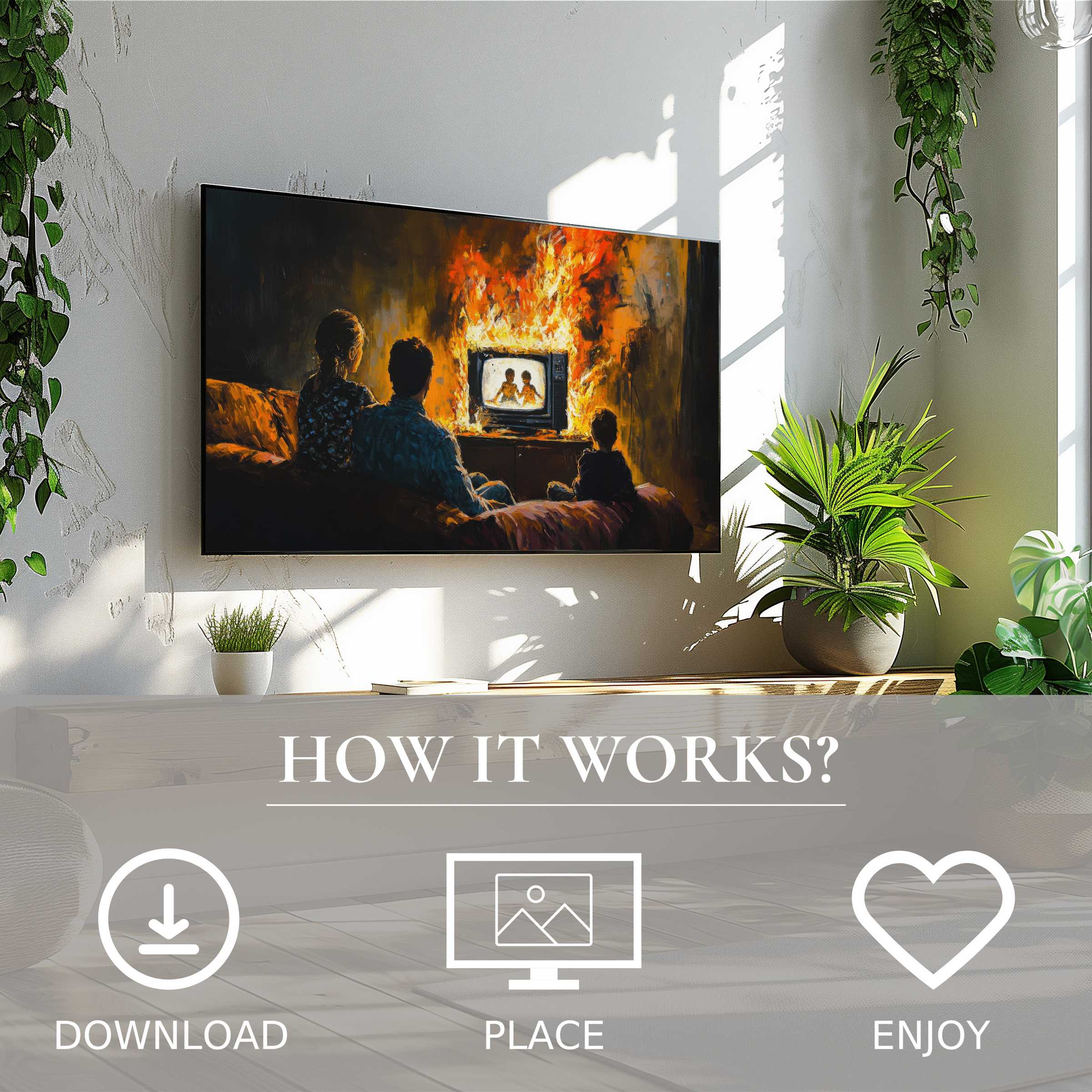 Modern living with street art for Samsung TV, featuring warm fire tones; easy digital download enriches your space instantly