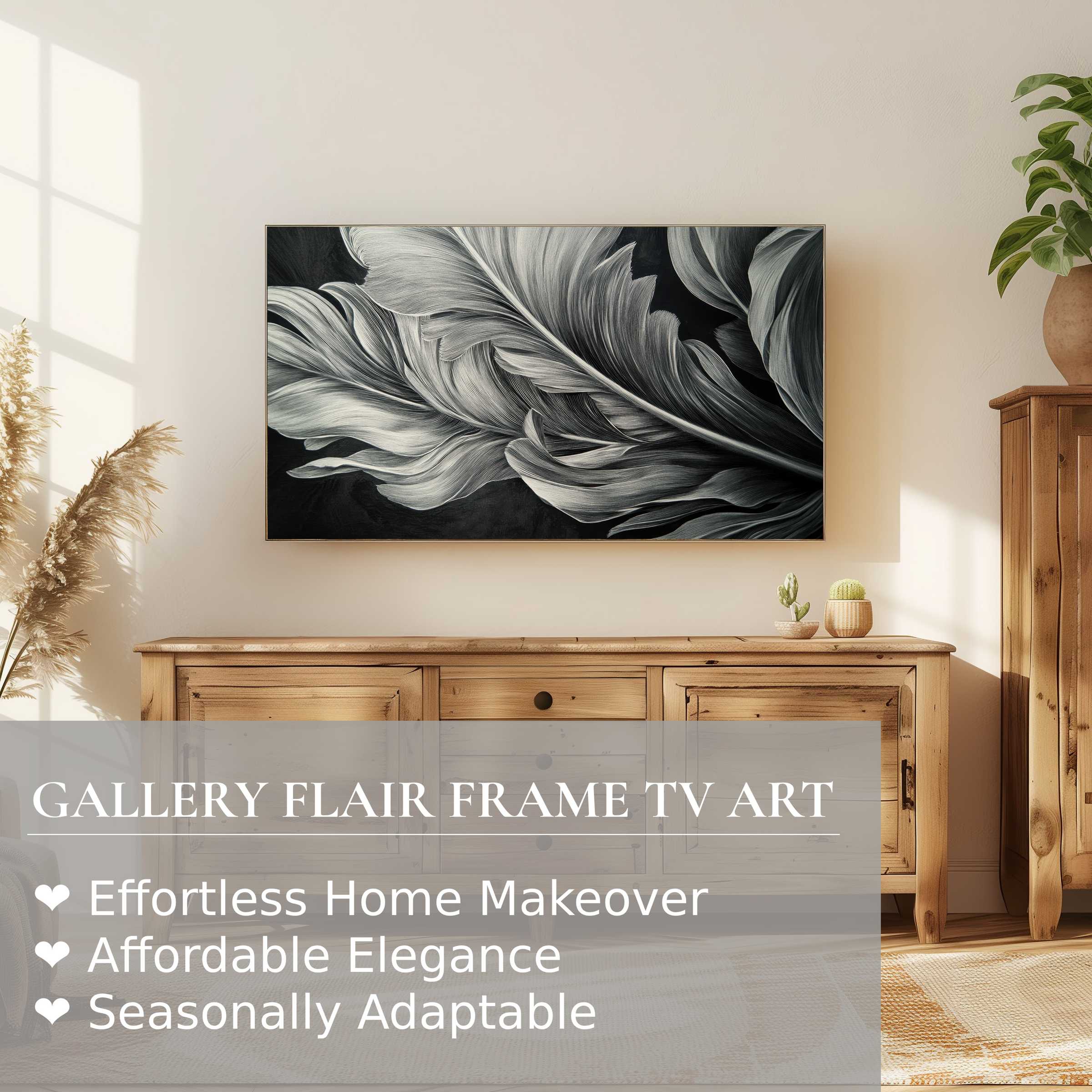 Samsung Frame TV showcasing black and white digital artwork of delicate leaves in a modern, elegant living space