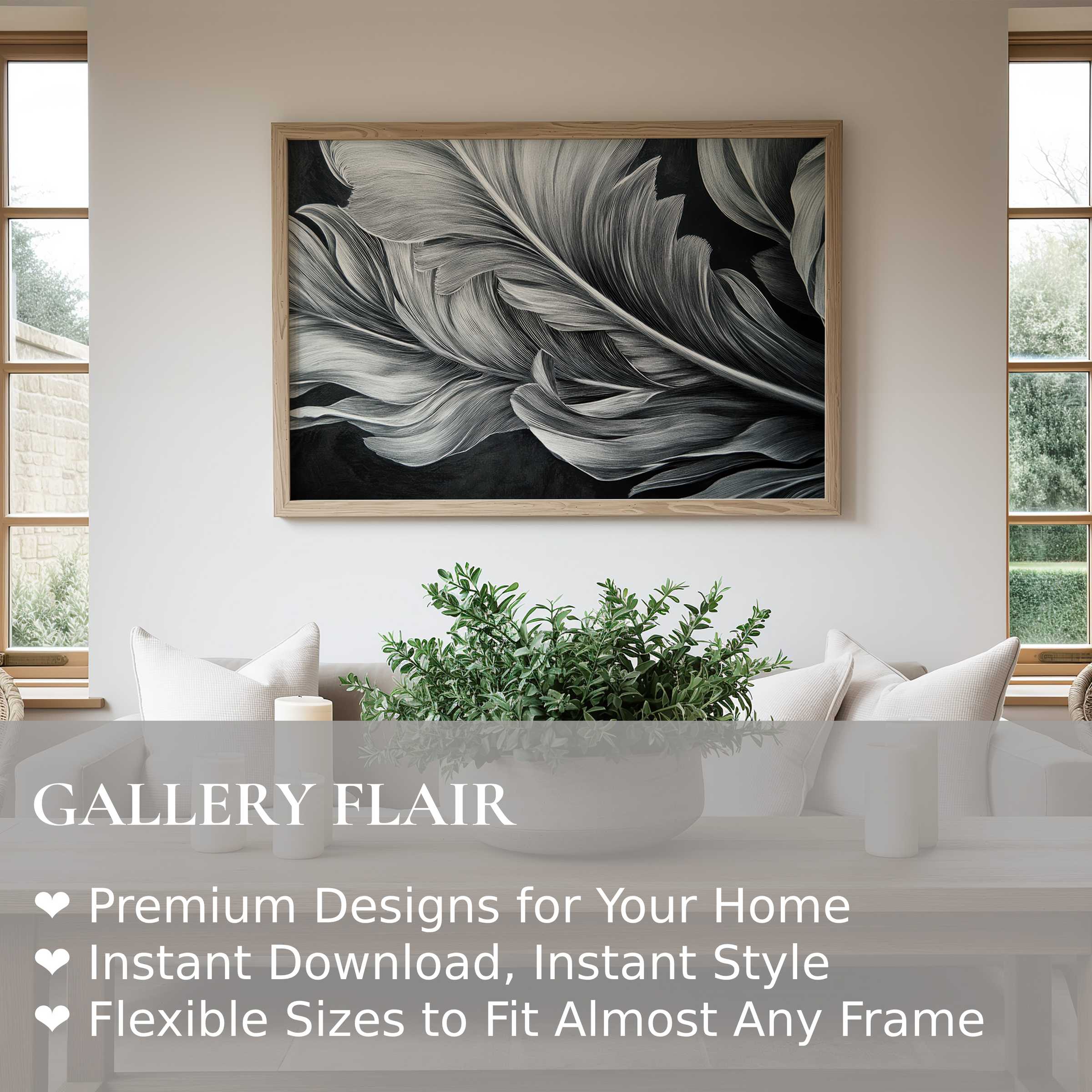 Black and white wall art print featuring flowing feather details, elevating minimalist interiors with bold, elegant modern decor