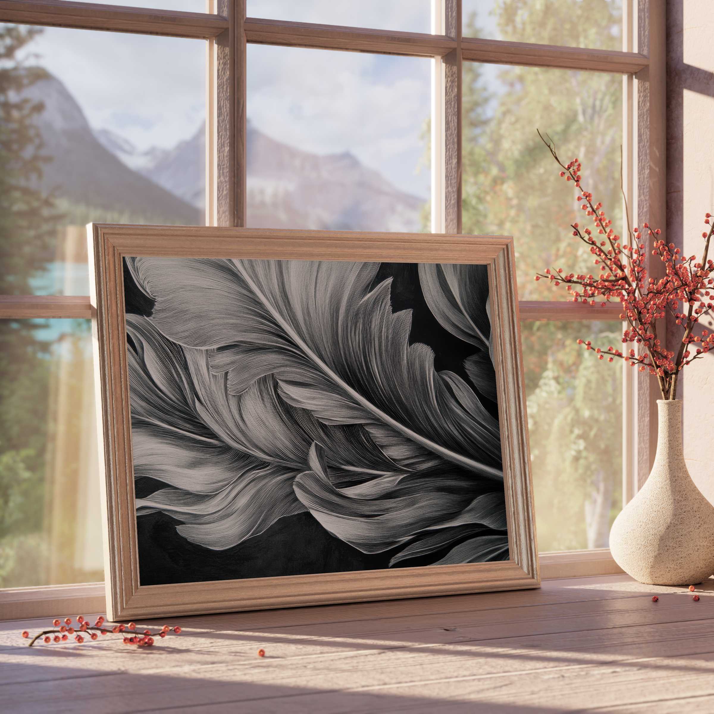 Black and white downloadable art capturing elegant feather details with soft textures, perfect for curated, tranquil interior spaces
