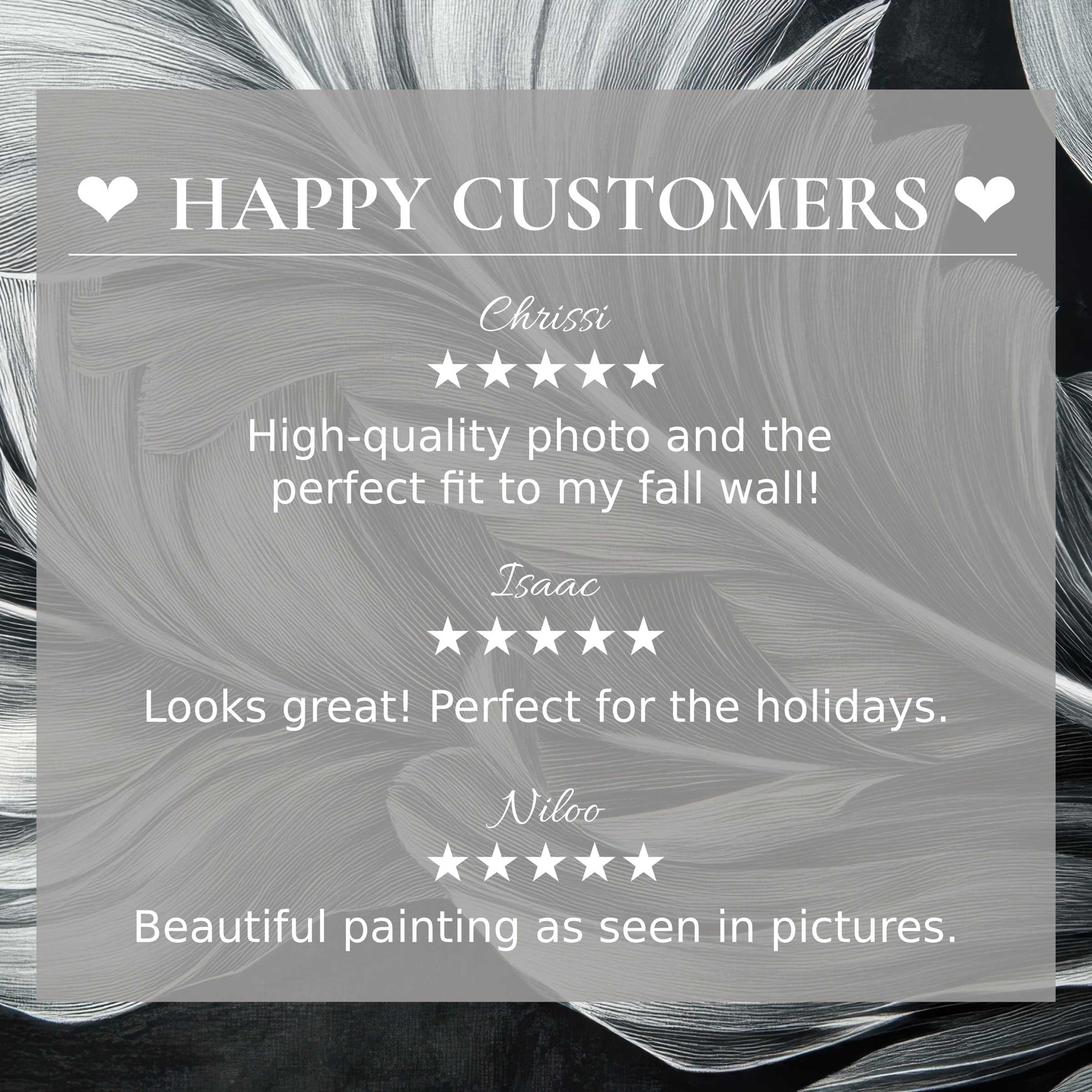 Black and white art for Frame TV with delicate floral strokes, showcasing happy customer reviews and elegant trust