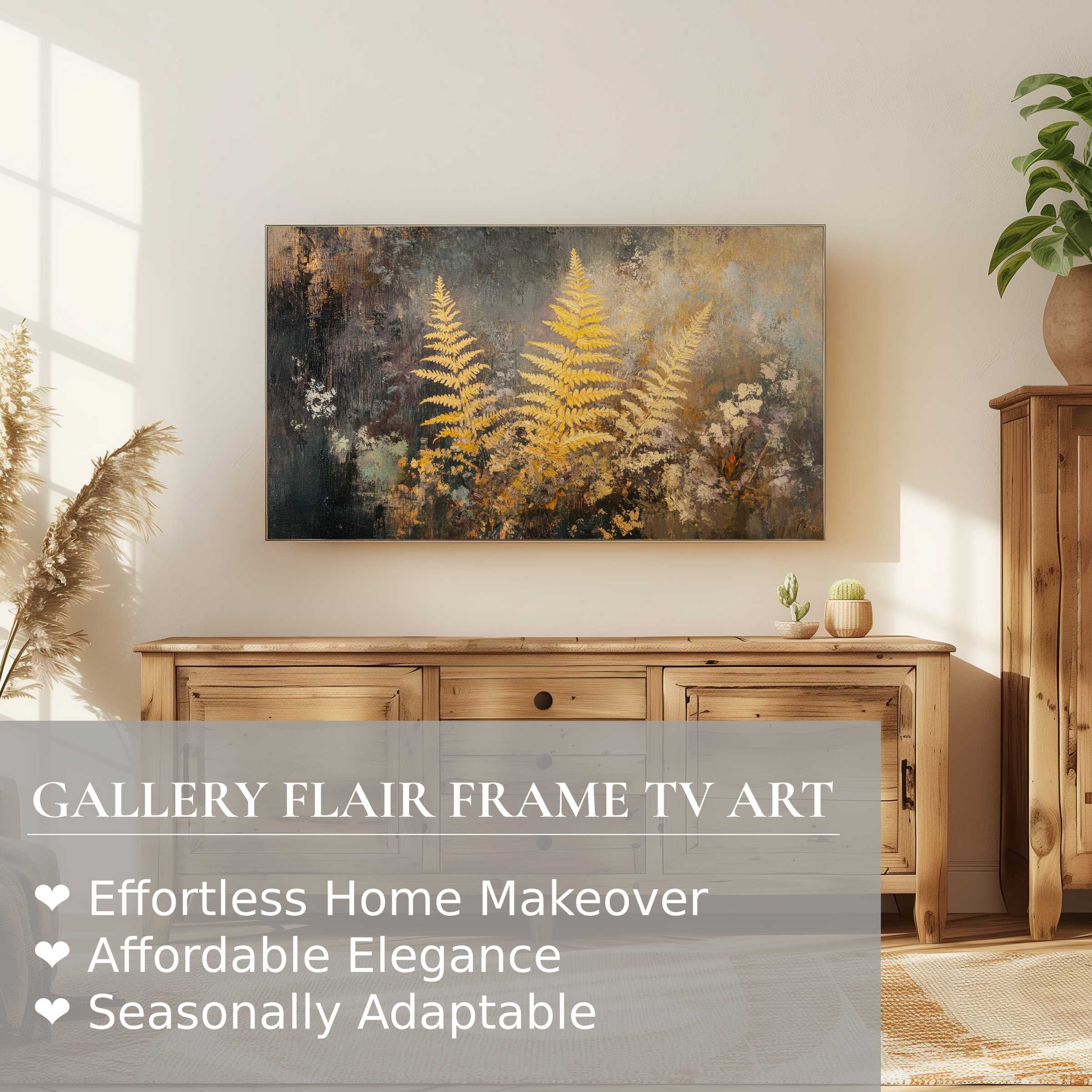 Samsung Frame TV displays refined fall digital artwork with modern botanical design in a serene, stylish living space
