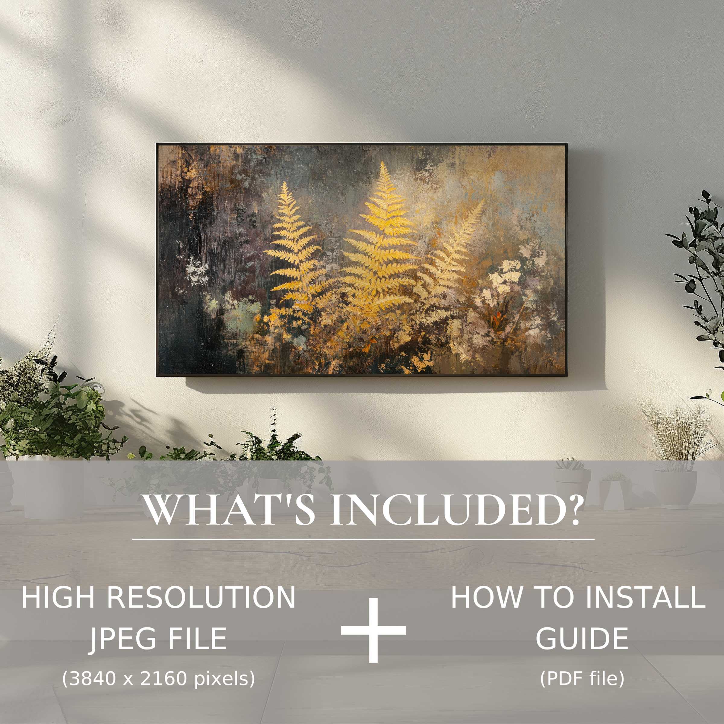 Elegant fall digital TV art download with golden ferns enhances modern living spaces, effortless digital use included