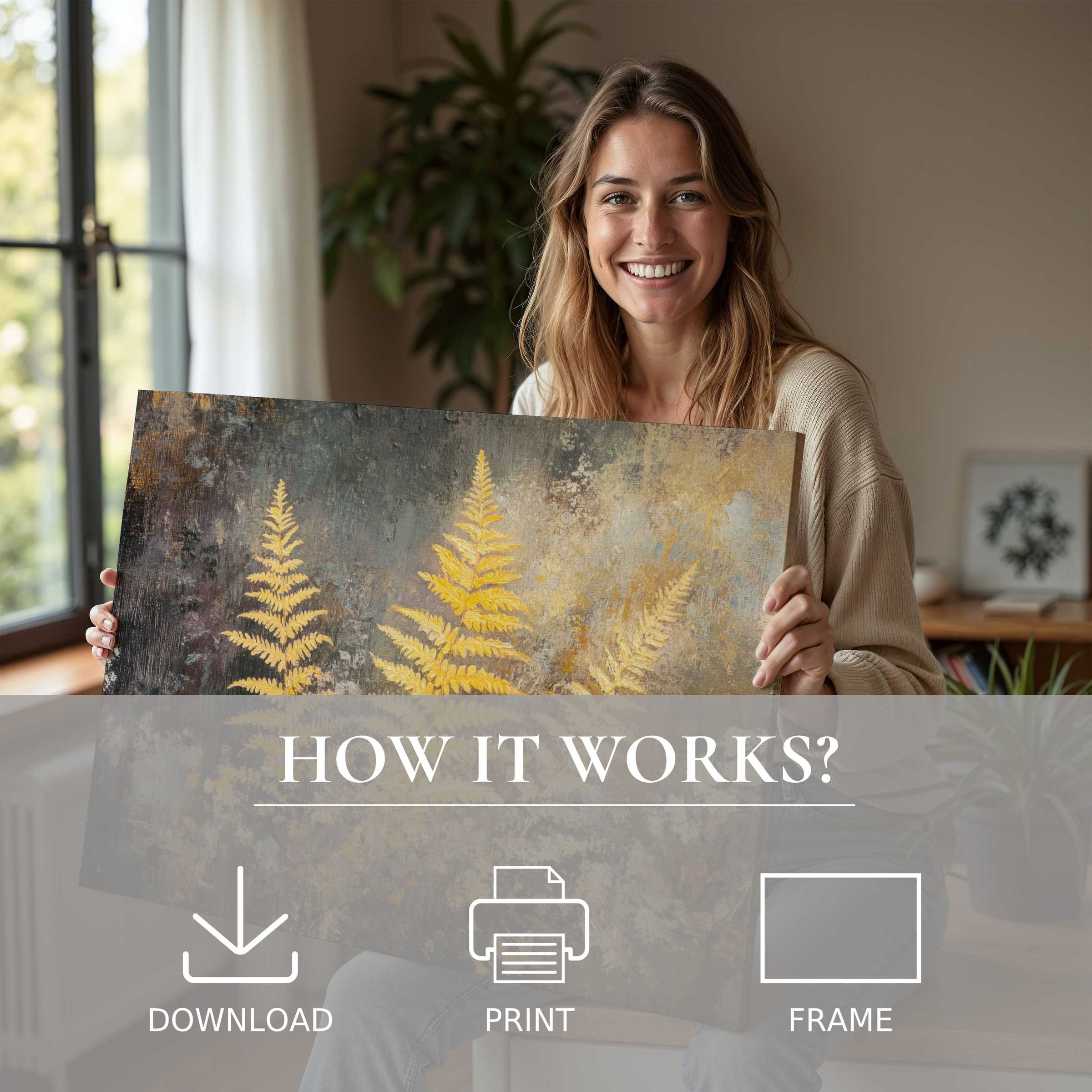 Refined fall digital art print embraced in a sunlit modern home, inspiring serene joy and effortless, stylish living with art