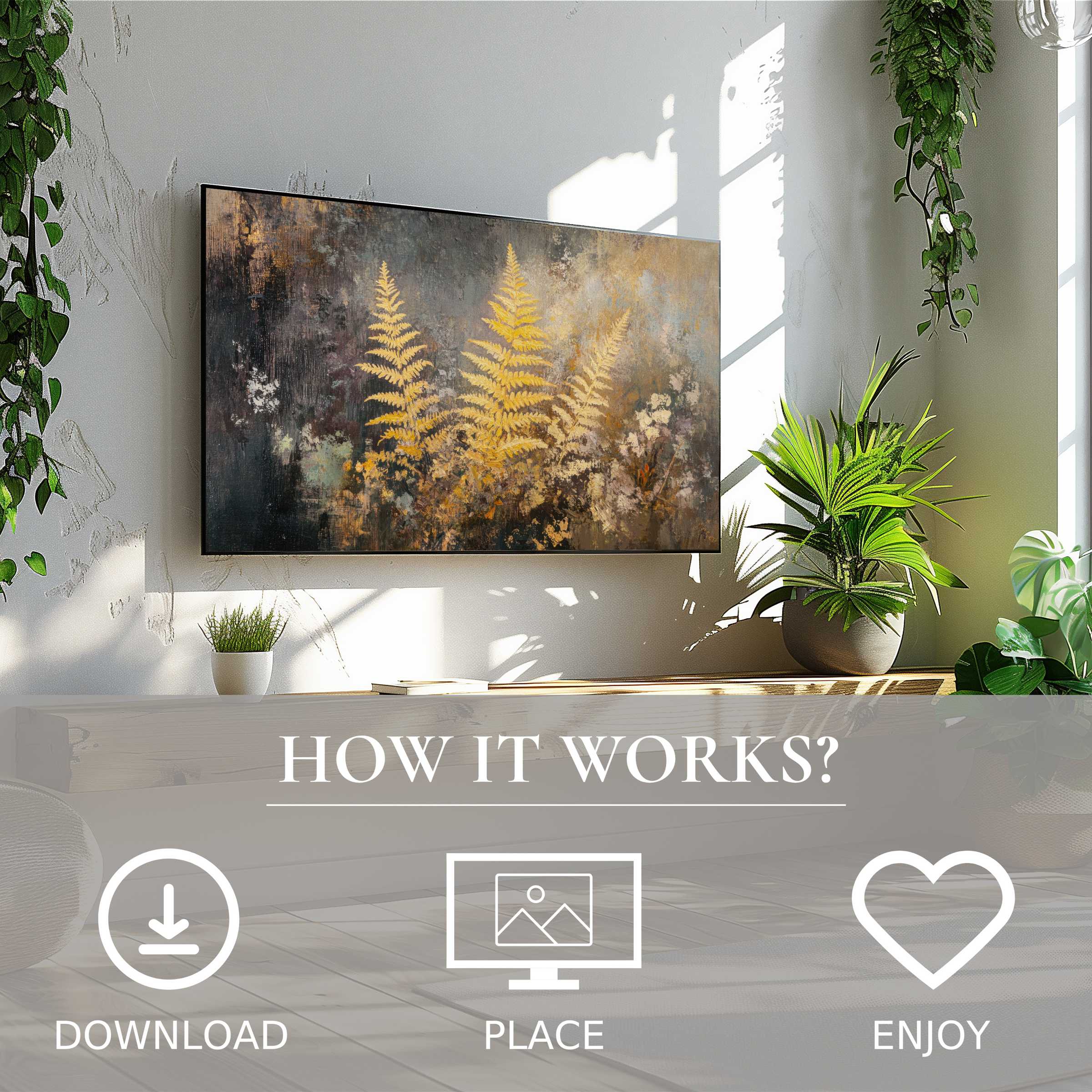 Fall art for Samsung TV with warm fern motif, easy digital download enhances modern living spaces with simple elegance