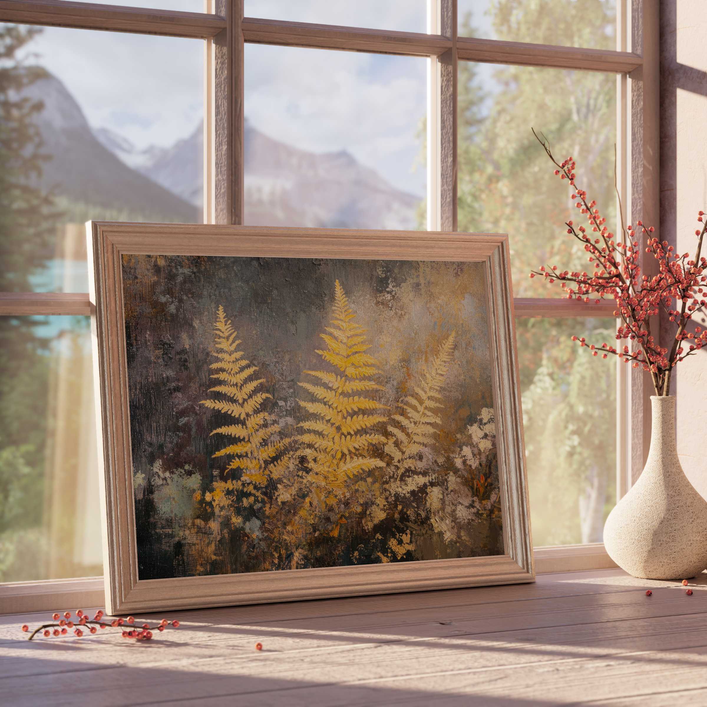 Fall downloadable art featuring golden ferns in a rustic frame, radiating warm, tranquil vibes for curated, stylish interiors