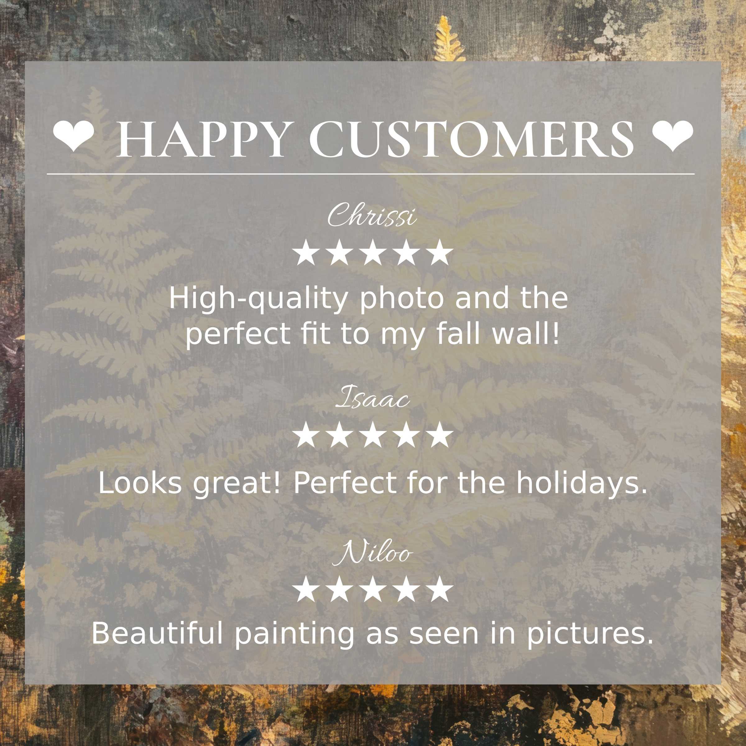 Fall art for Frame TV with abstract fern background; elegant layout highlights happy customer reviews and trustworthiness