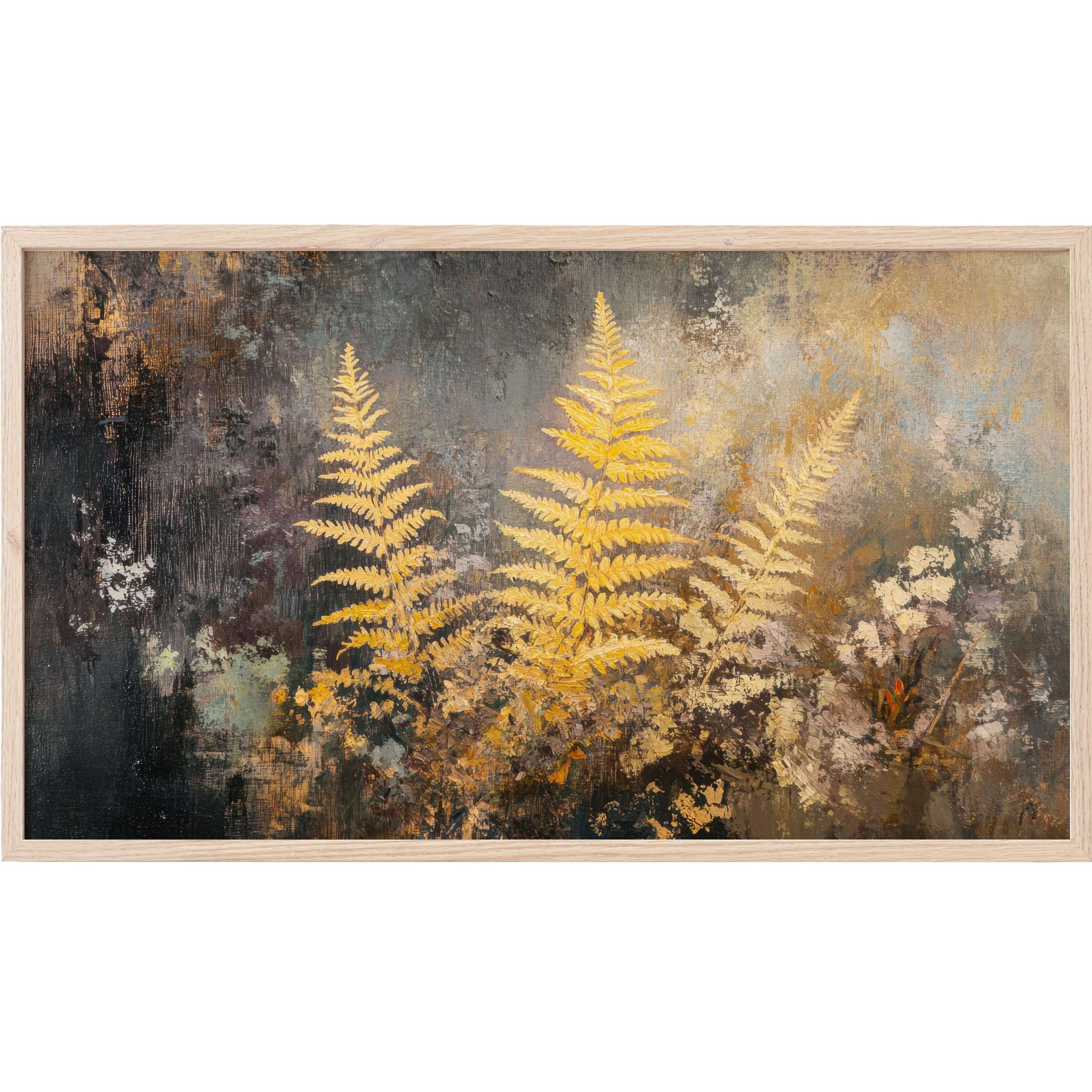 Fall Frame TV Art with golden ferns and textured earth tones in an elegant, modern abstract botanical style