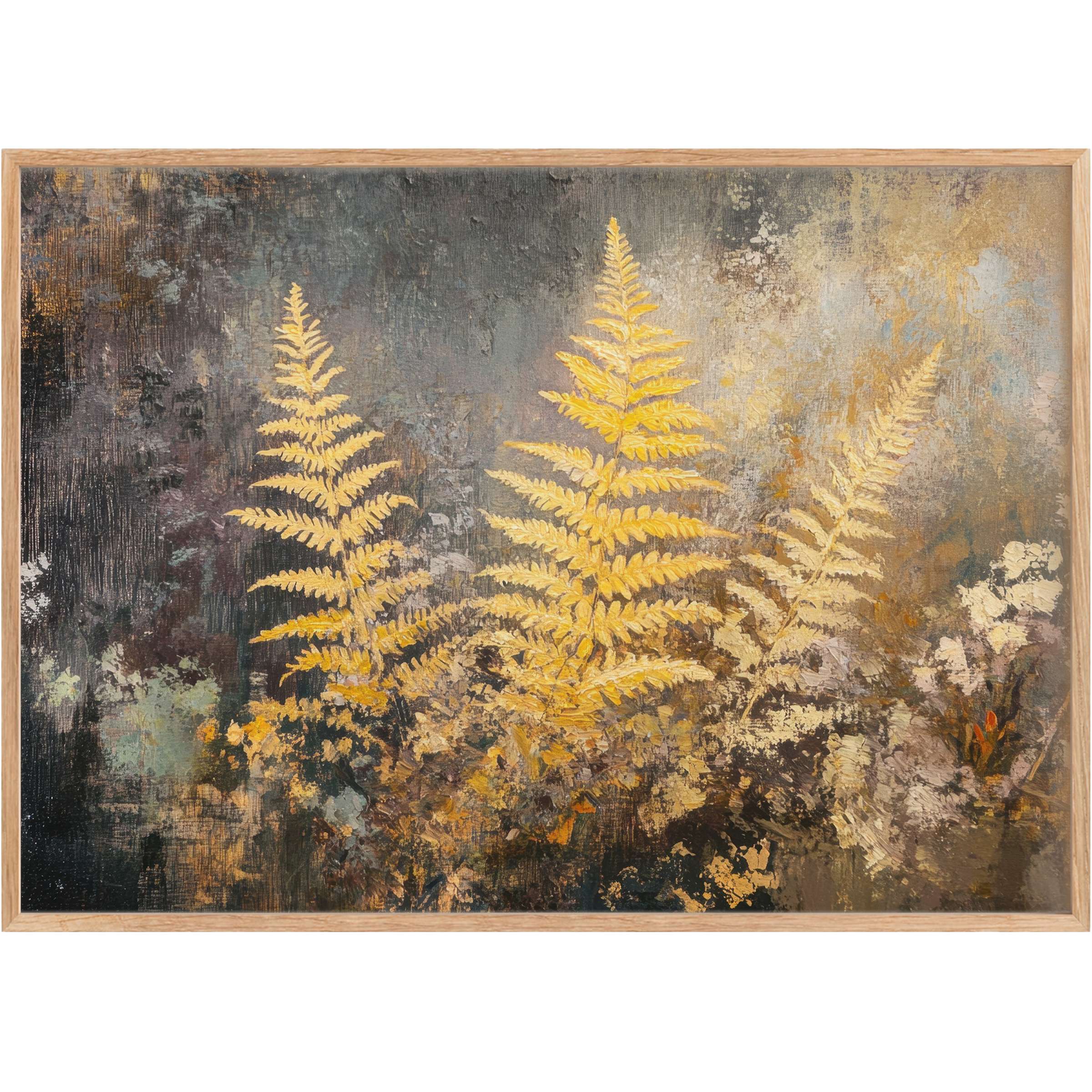 Golden fern fronds glow against a textured moody backdrop, radiating warm elegance in fall printable wall art
