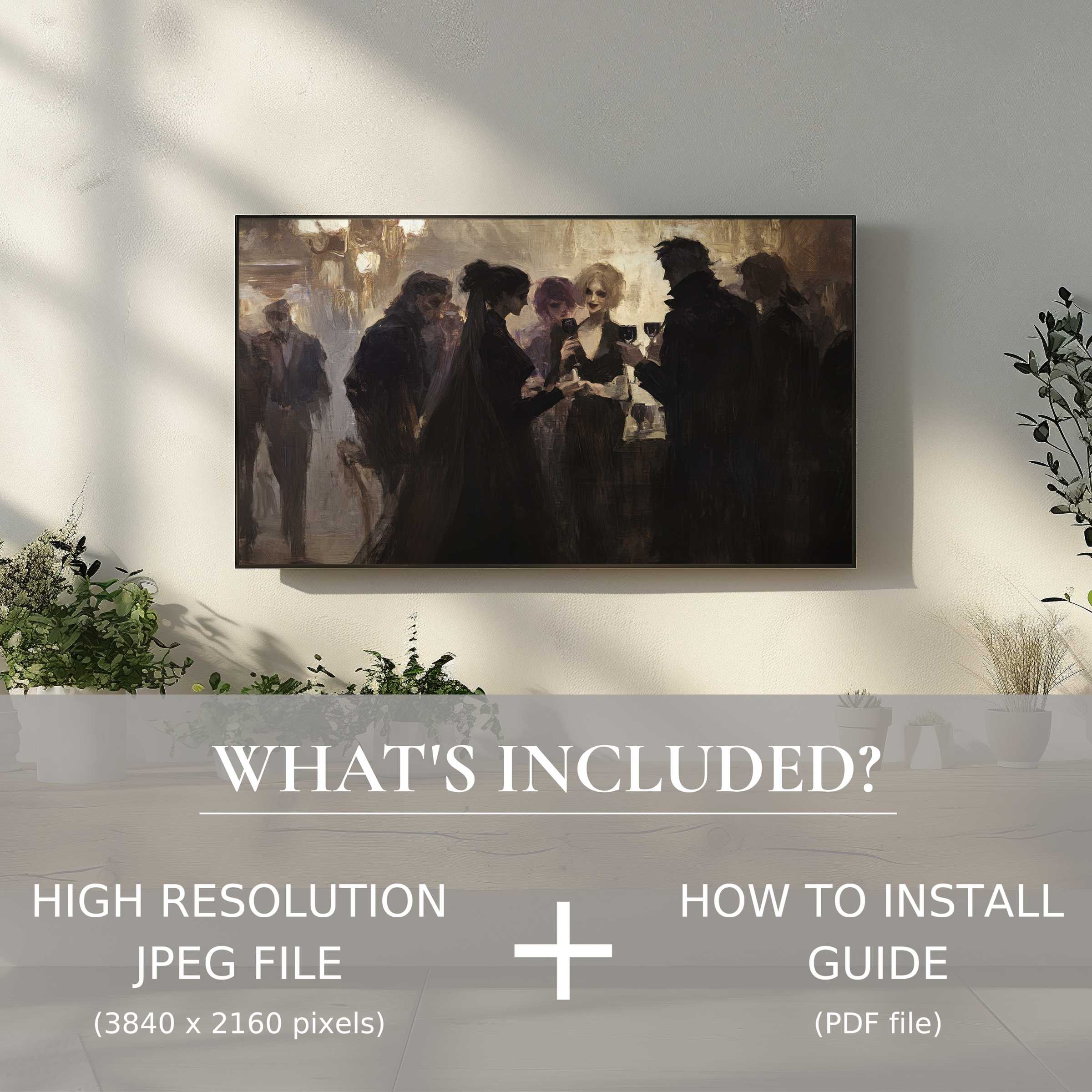 Elegant living room with moody Halloween digital TV art download, easily enhancing decor through quick digital installation