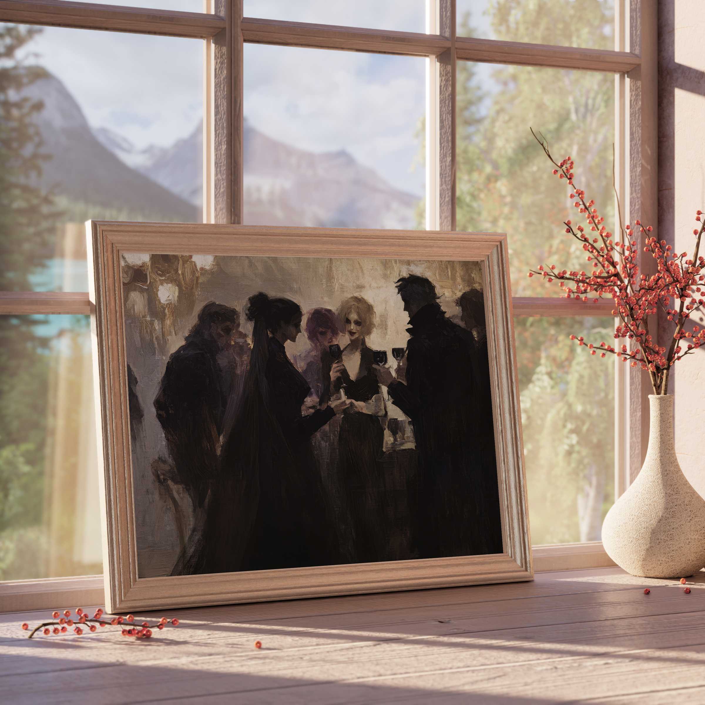 Halloween downloadable art capturing an enigmatic soiree in muted tones, enriching modern interiors with dark elegance and timeless charm