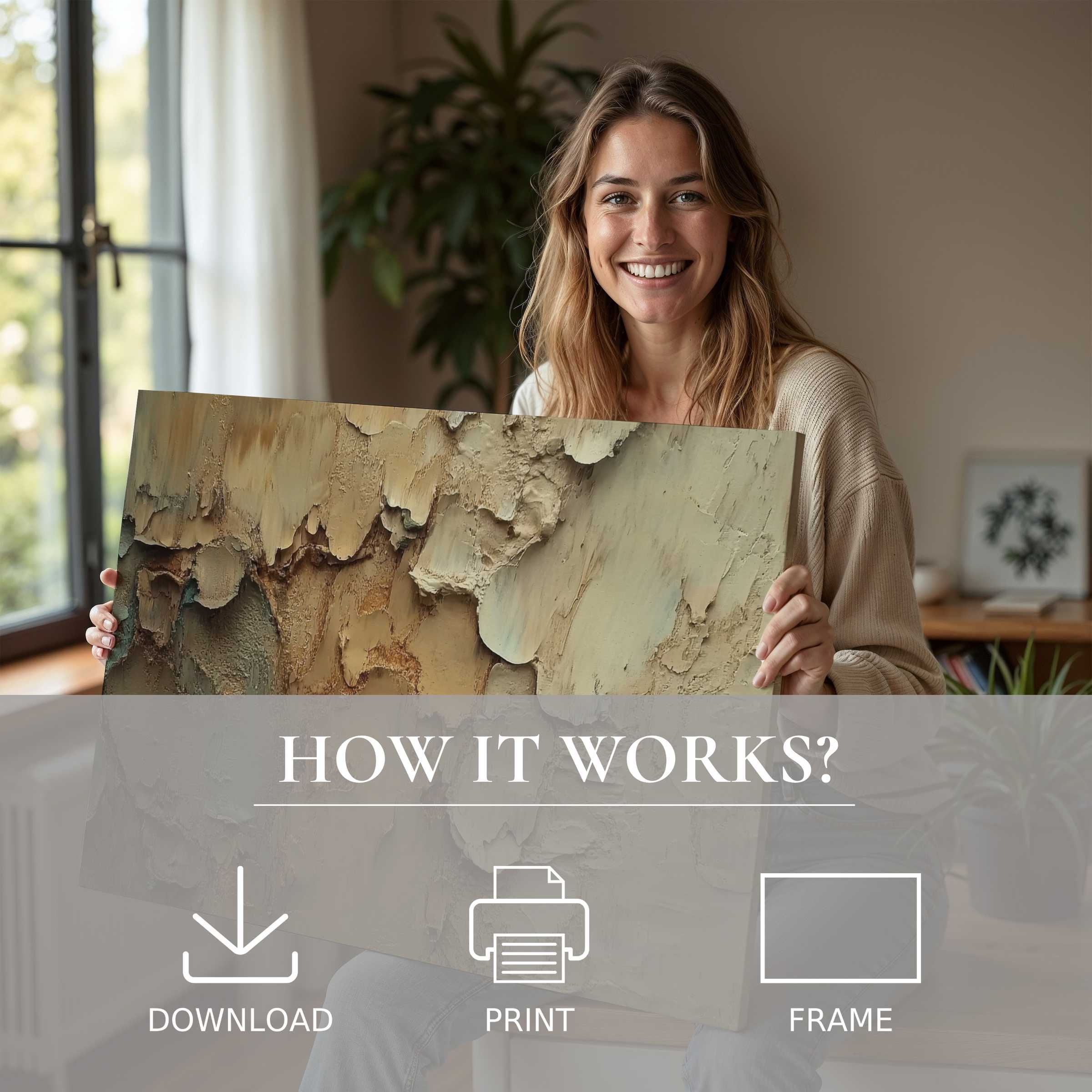 Radiant joy in a modern home, embracing an abstract digital art print that transforms space with textured earth tones