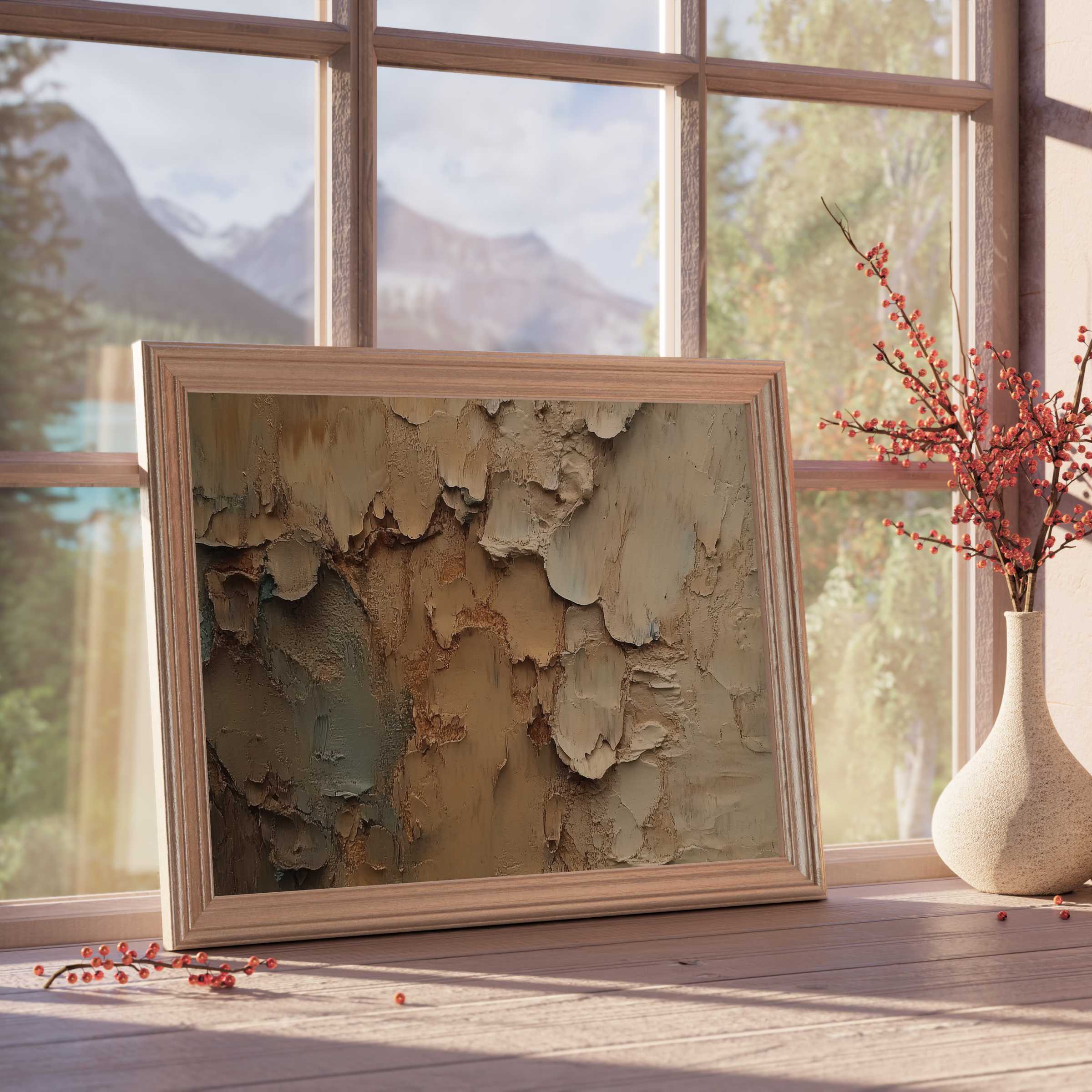 Warm and textured abstract downloadable art in earthy tones, elevating tranquil, curated interiors with timeless, design-forward elegance