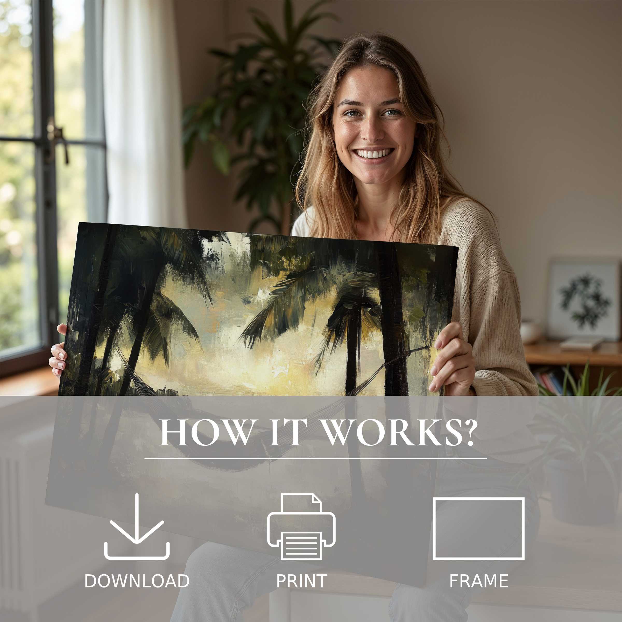 Radiate warmth and connection with this beach digital art print, transforming modern spaces into serene escapes of joy and beauty