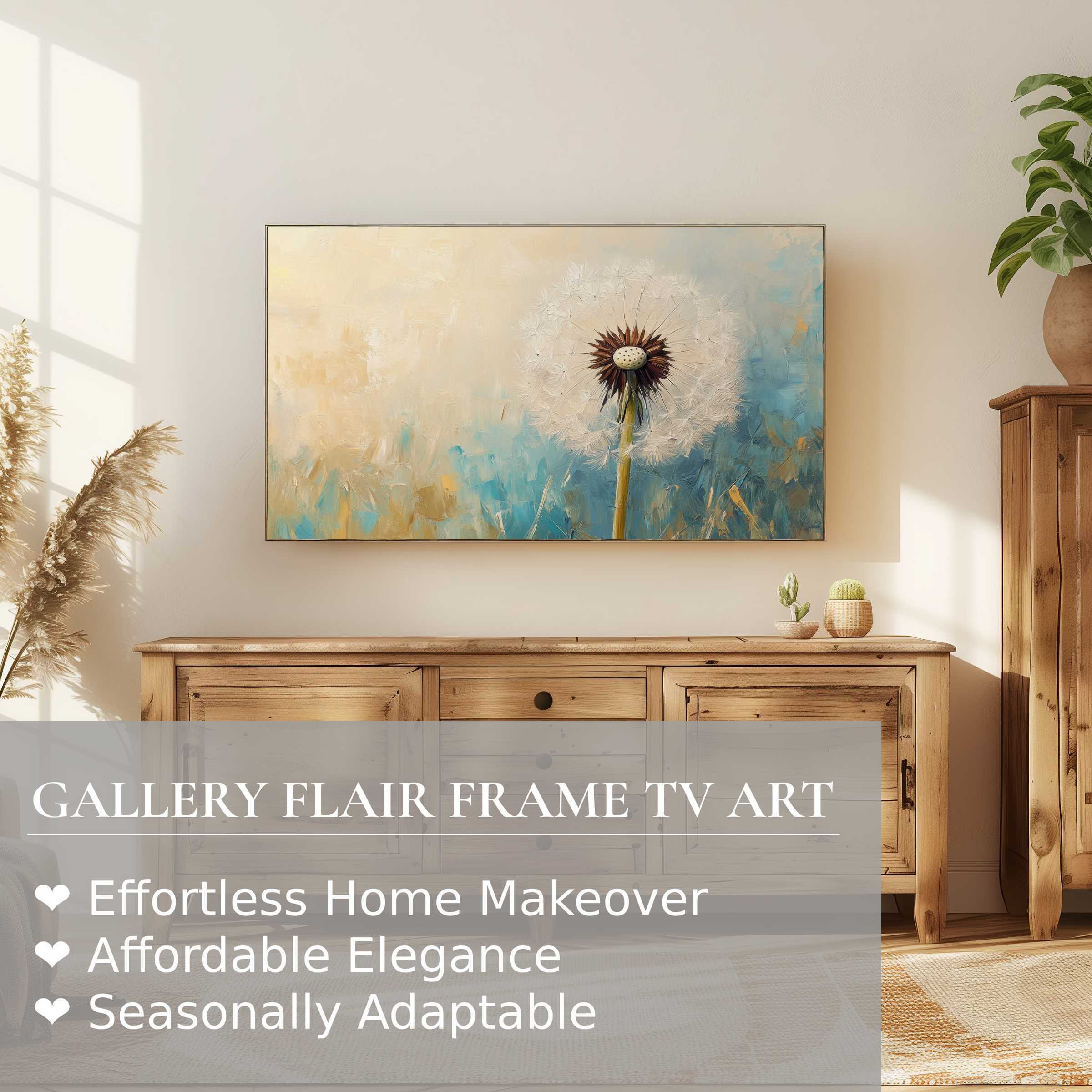Samsung Frame TV displaying botanical digital artwork of a dandelion in soft, modern, natural tones