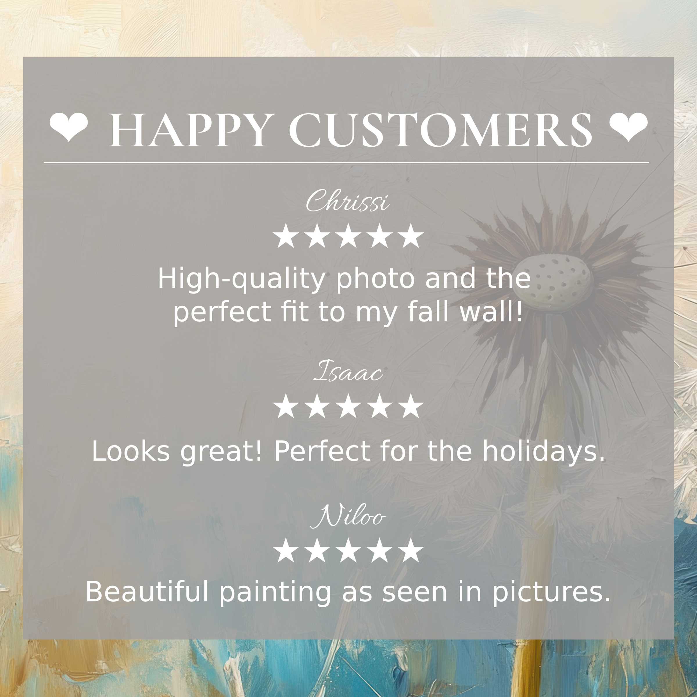 Happy customer reviews highlight trust and elegance of botanical art for Frame TV over abstract sunset hues