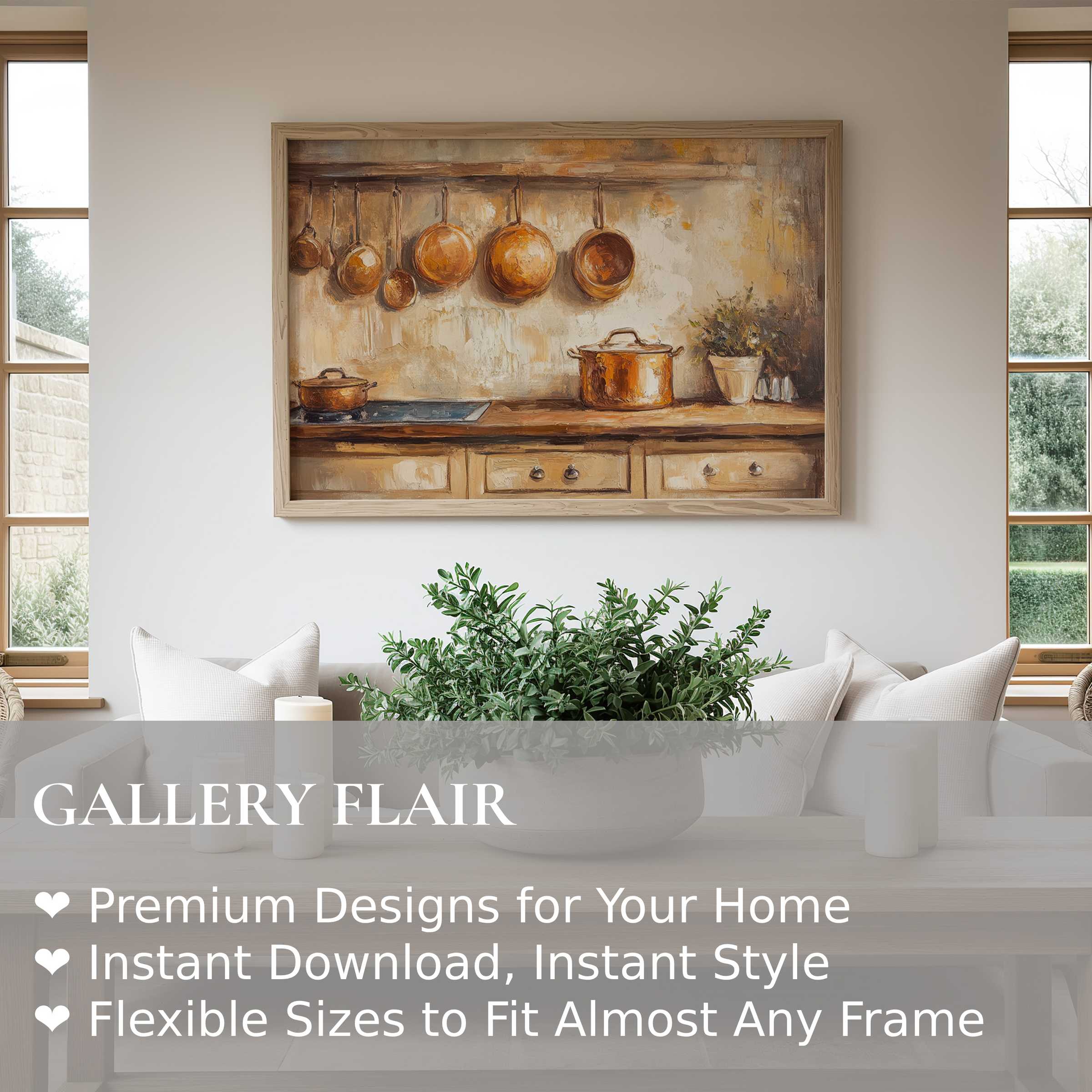 Farmhouse wall art print showcasing warm copper cookware in a serene, rustic kitchen scene Elevates cozy, modern farmhouse interiors