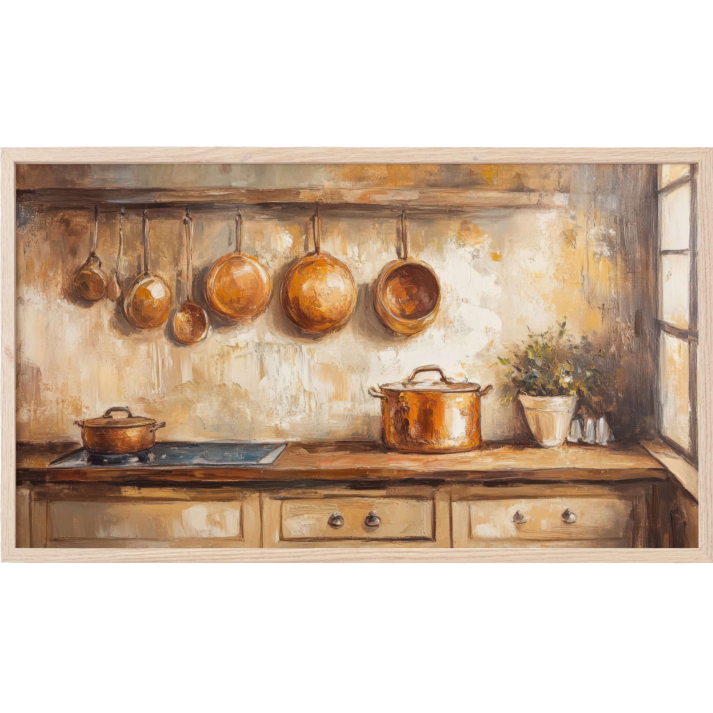 Farmhouse Frame TV Art depicting rustic copper pots and wooden cabinetry in warm, earthy tones with soft natural light