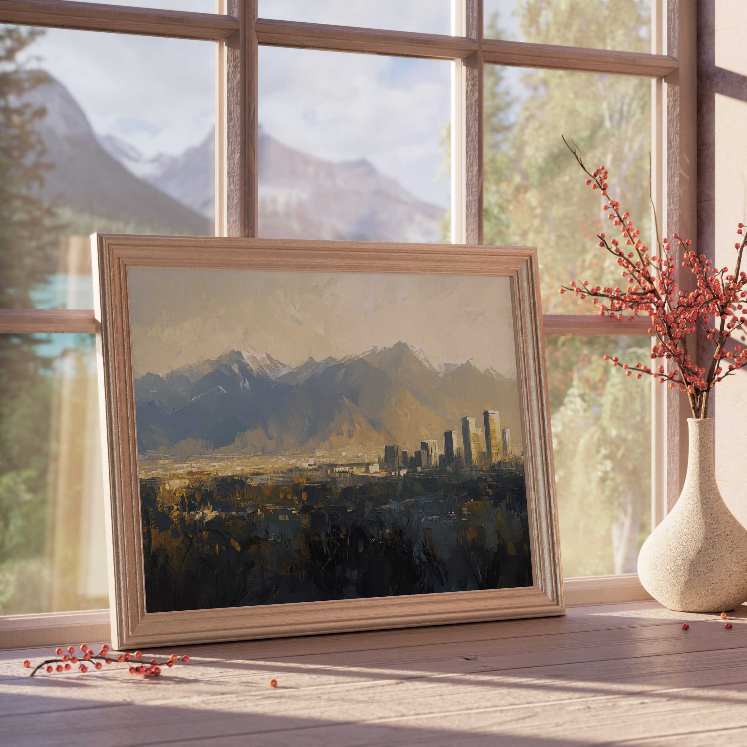 Urban downloadable art capturing a serene city skyline at dusk, infusing curated interiors with warm, tranquil elegance and modern sophistication