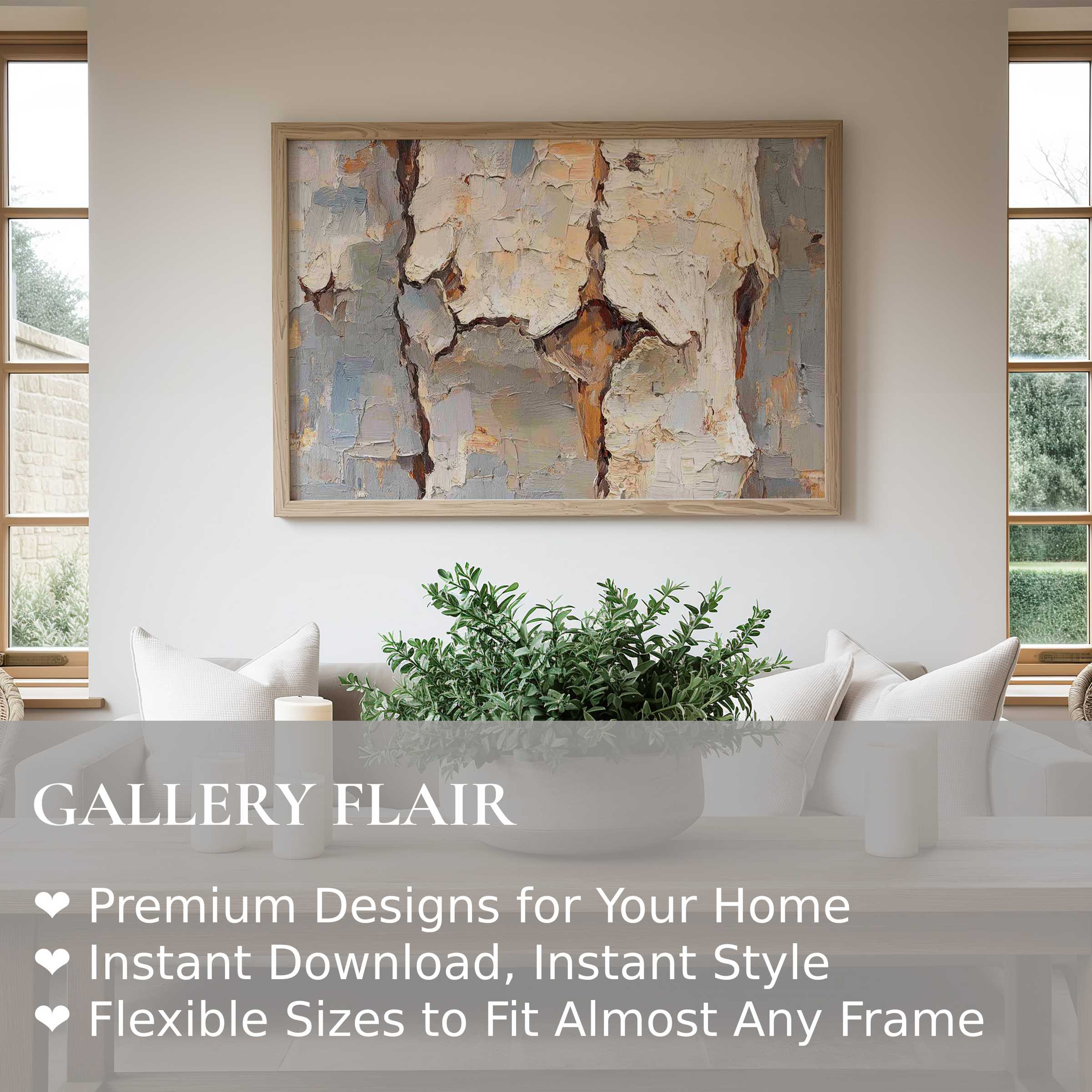 Abstract tree wall art print featuring textured bark tones in warm neutrals, elevating serene modern living spaces with natural elegance