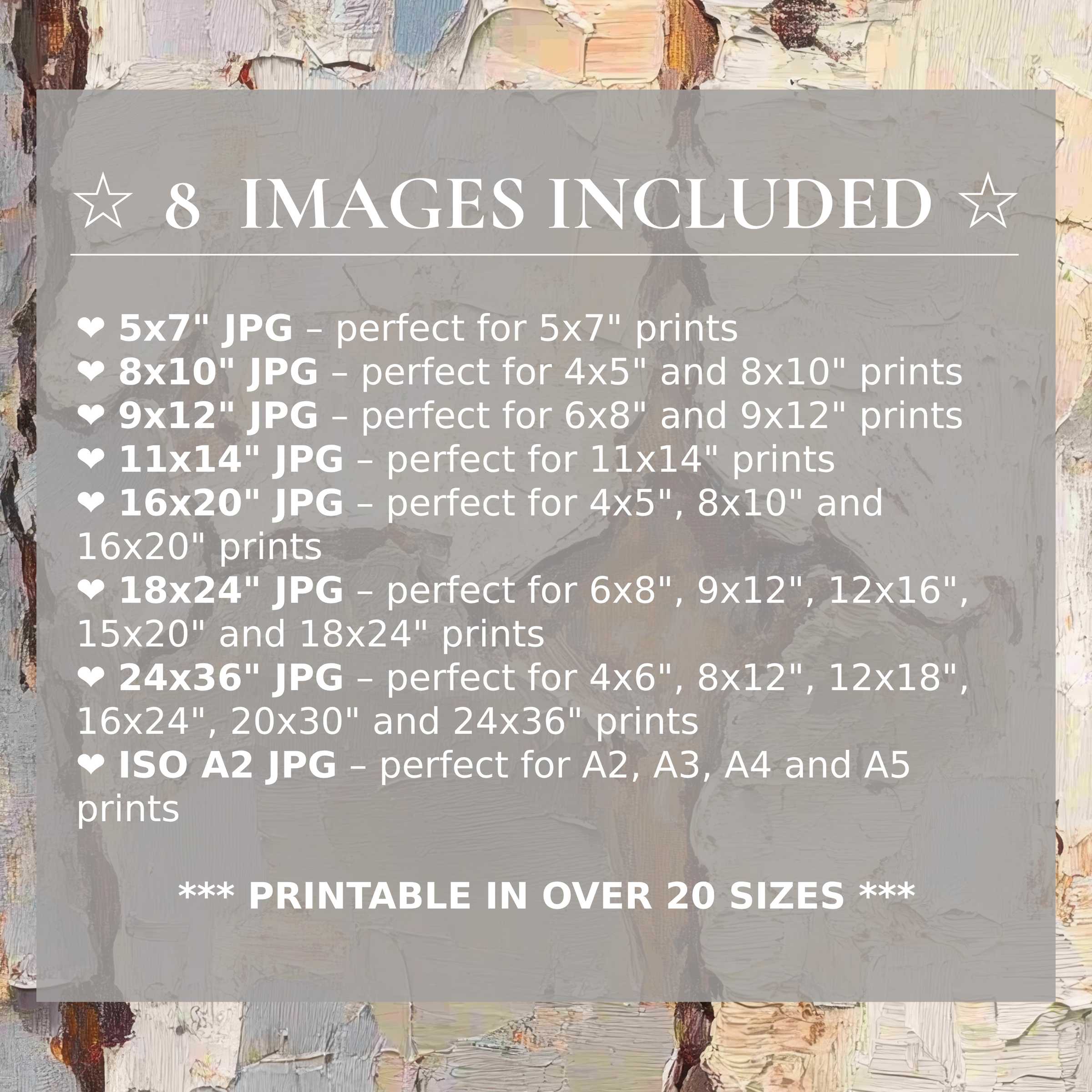Print size guide showing 8 included JPG formats for versatile wall art printing – perfect for framing in popular sizes from 5x7 to 24x36 and A2