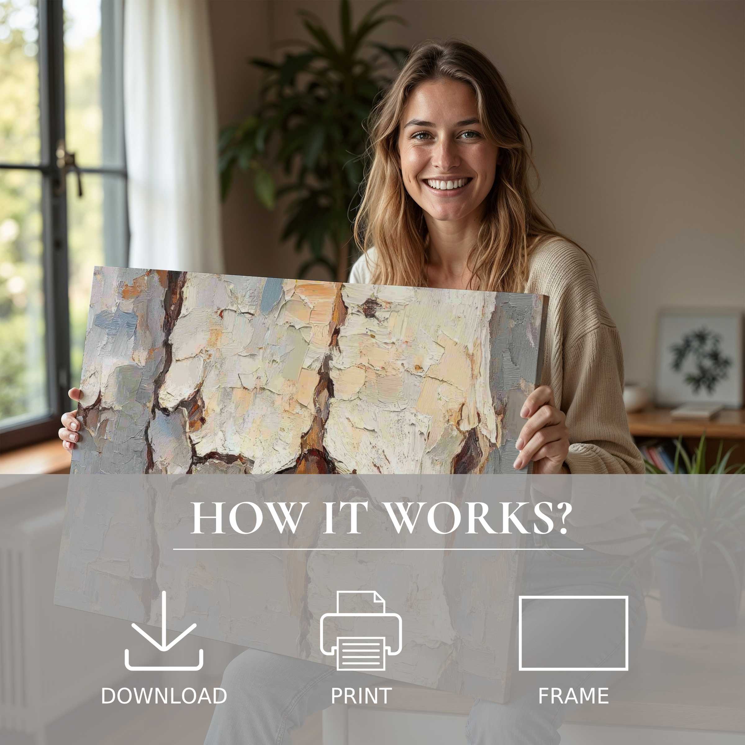 Radiant joy and effortless elegance blend as a woman reveals a textured tree digital art print in her modern, sunlit home