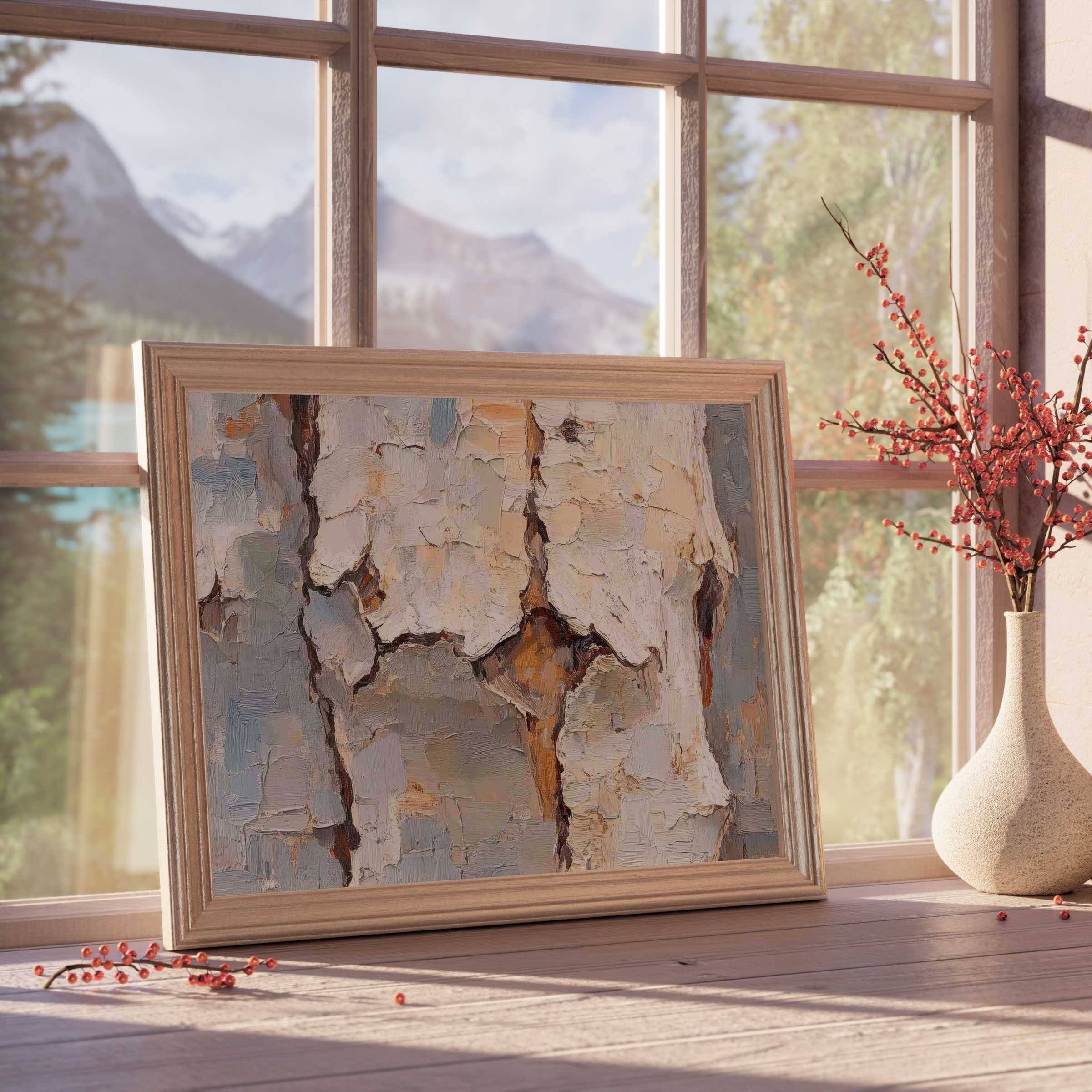 Textured tree downloadable art capturing rustic bark tones, bringing serene warmth and organic elegance to curated modern interiors