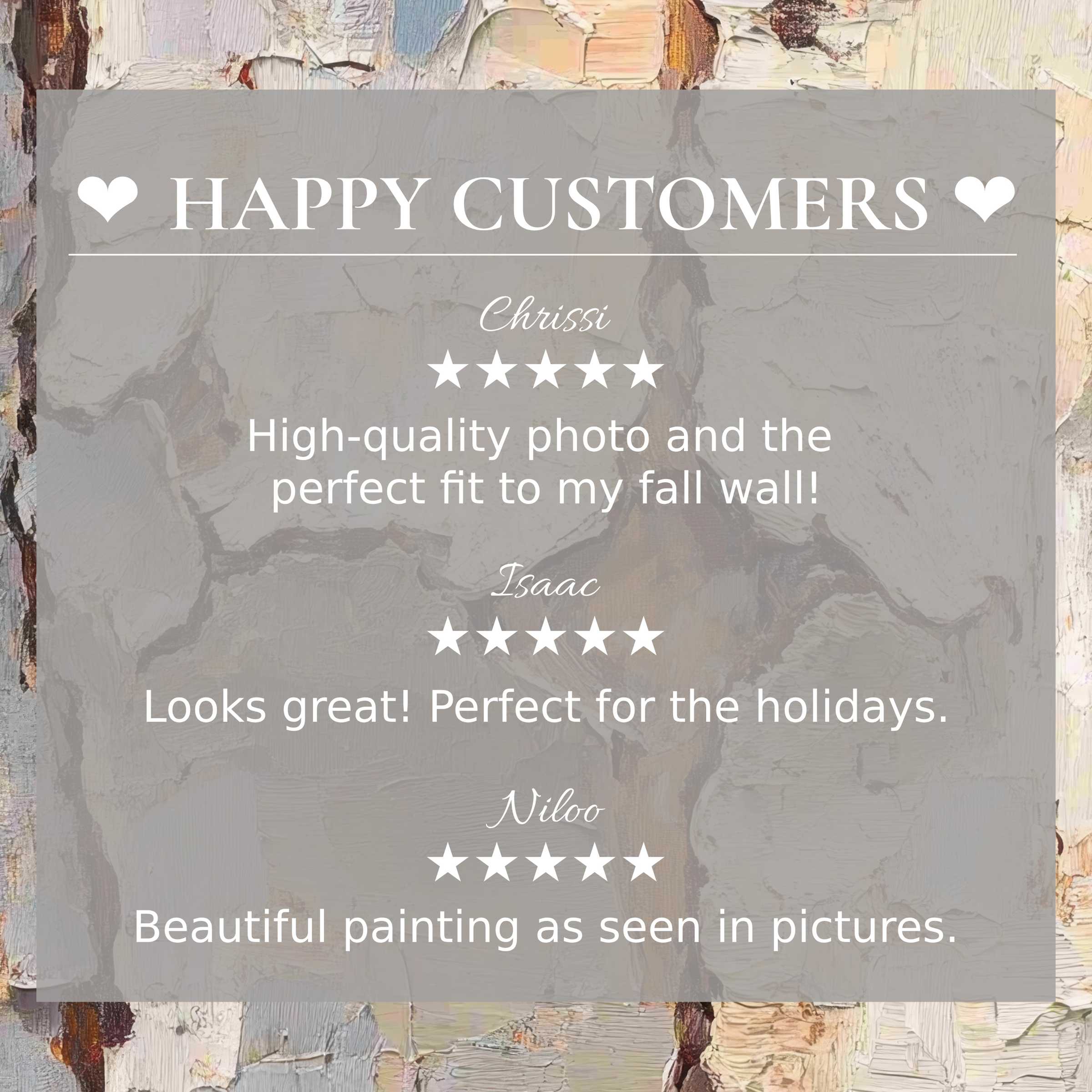 Elegant abstract sunset hues backdrop with positive reviews, showcasing trees art for Frame TV and happy customer trust