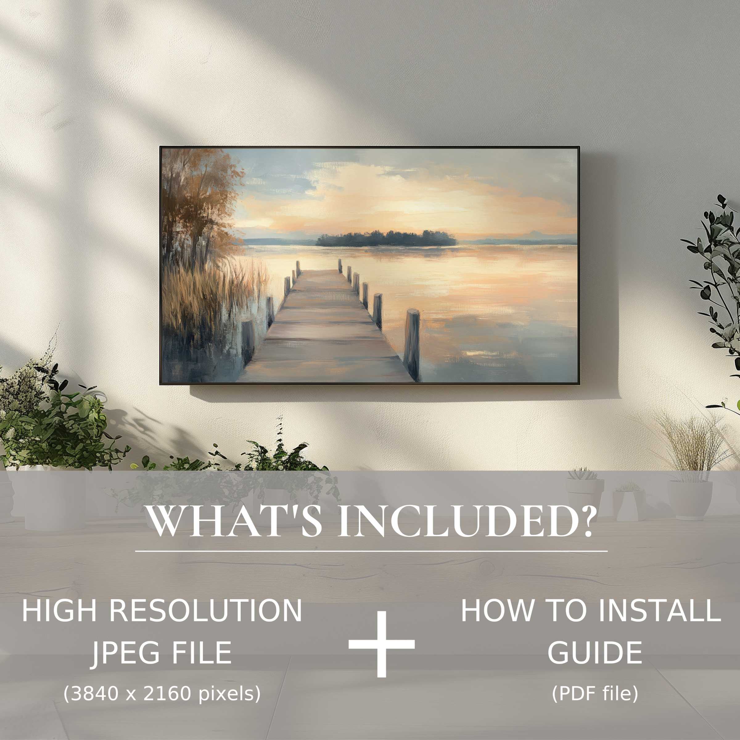 Elegant coastal digital TV art download showcasing a serene pier, enhancing living spaces with effortless digital use