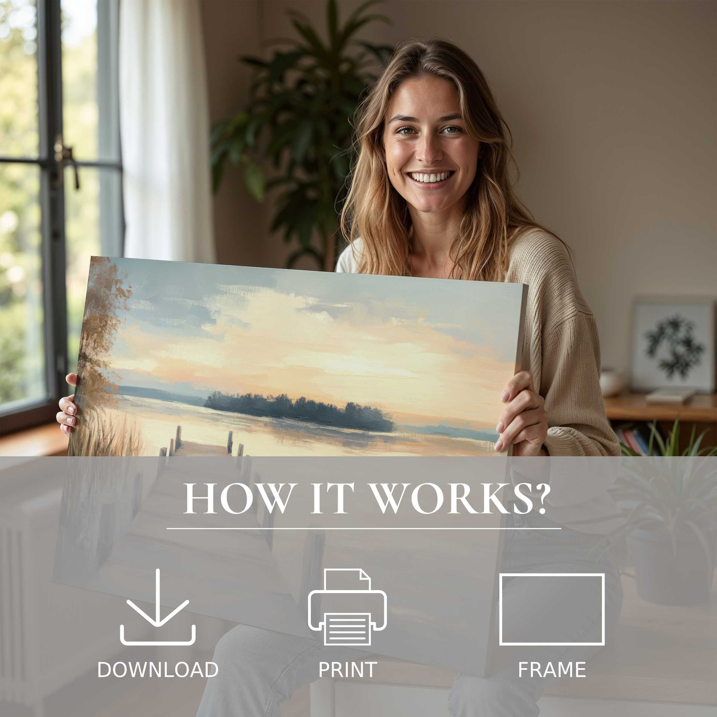 Radiant joy illuminates a serene moment, where coastal digital art print transforms a modern home with effortless elegance