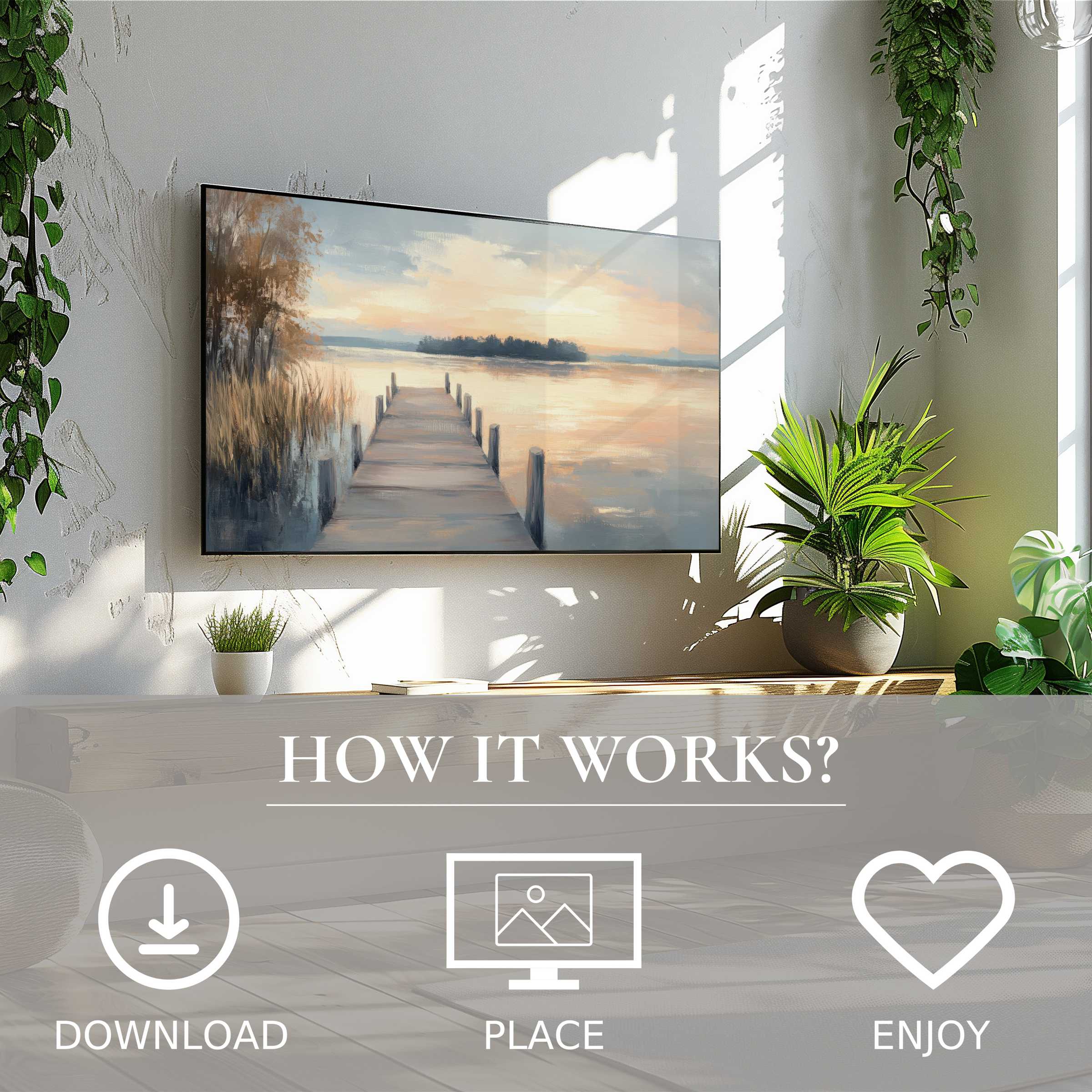 Coastal art for Samsung TV features soft sunset tones on The Frame TV, easy digital download enriches modern living spaces