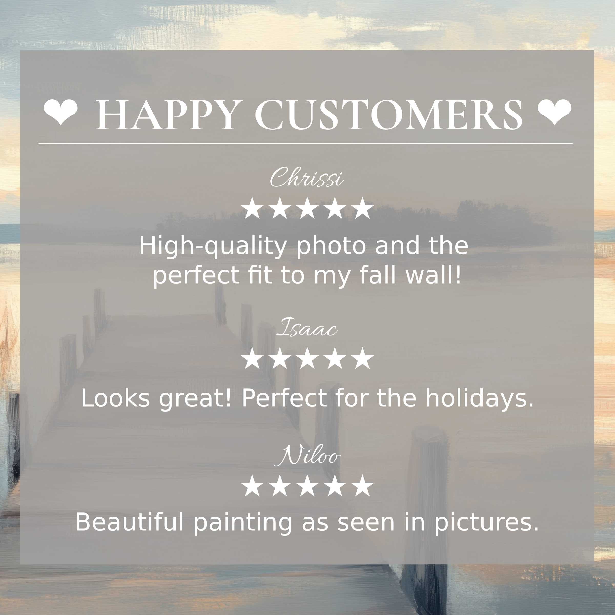 Coastal art for Frame TV features abstract sunset hues and happy customer reviews, showcasing trust and elegant style