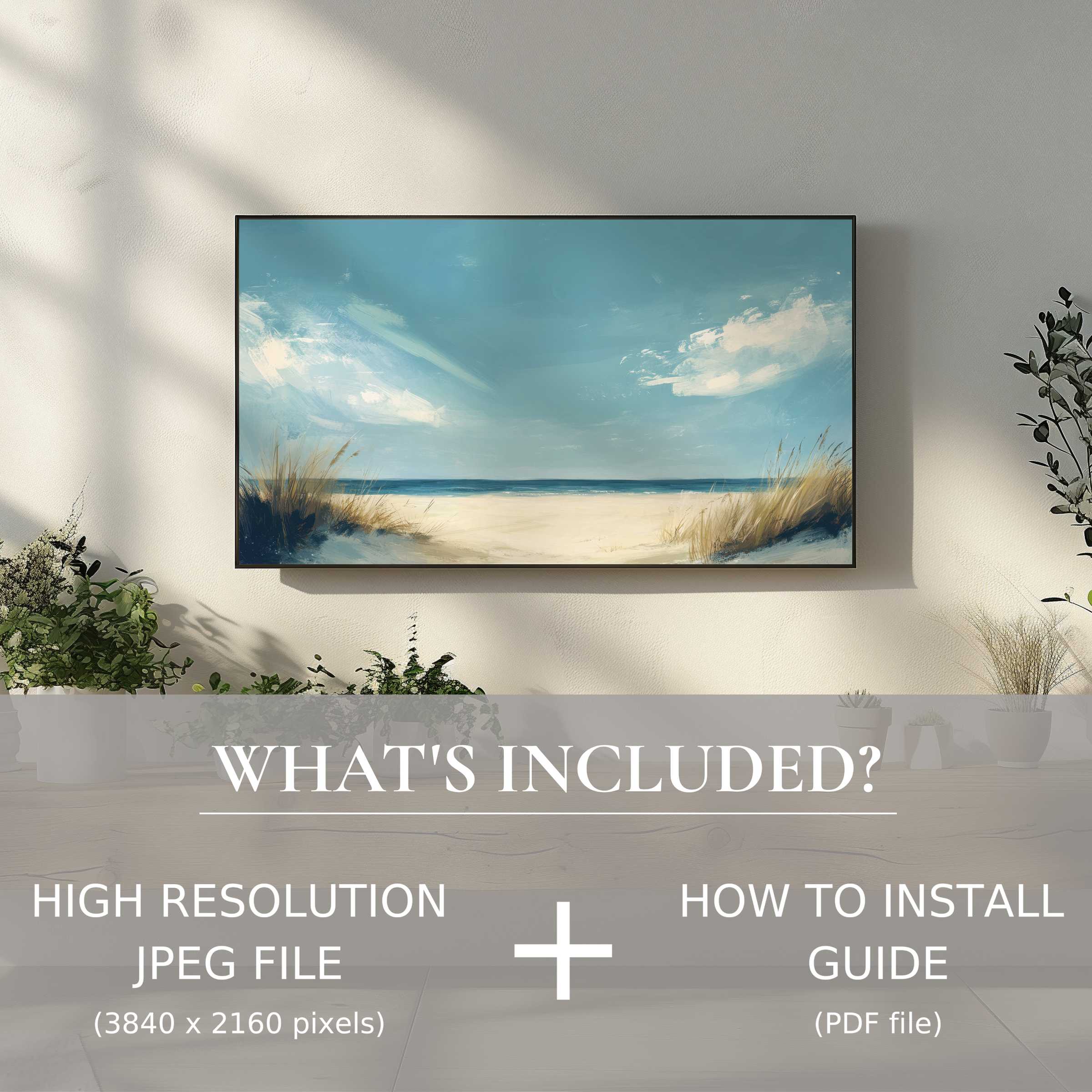 Elegant summer digital TV art download brings serene beach vibes and easy digital use to elevate any modern living space