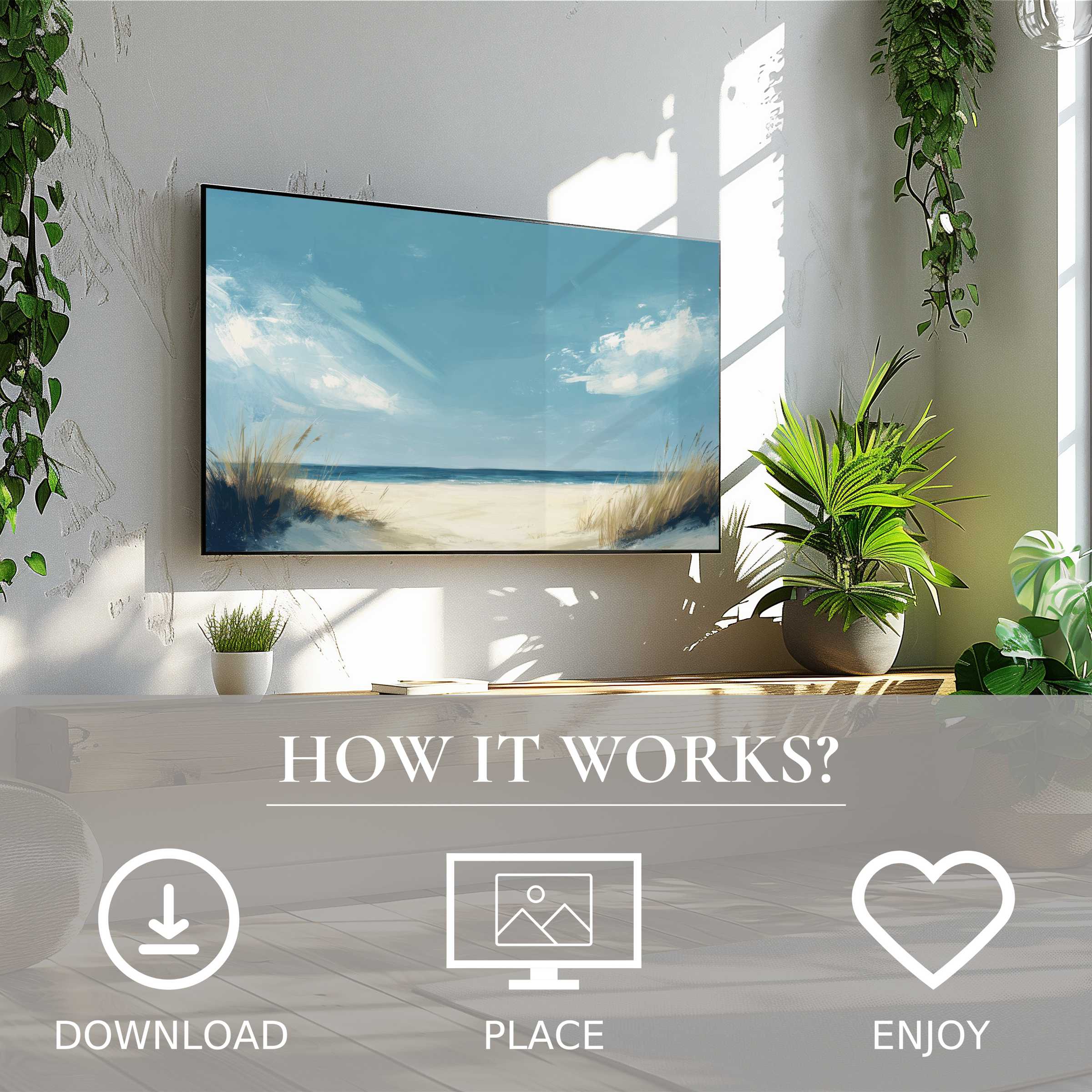 Summer art for Samsung TV: digital download beach scene with soft sky tones enriches modern, greenery-filled living spaces