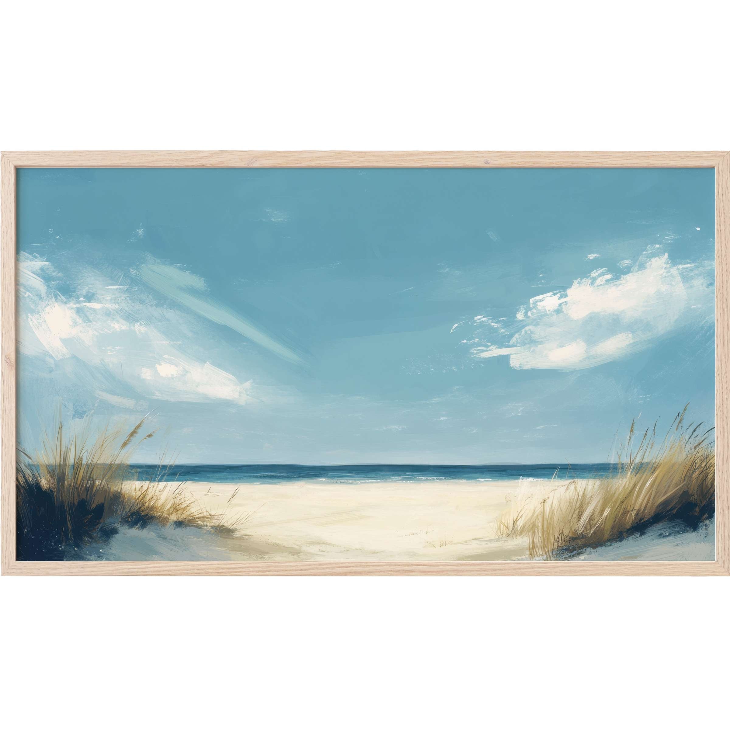 Serene beach landscape with soft blues and sandy tones, minimal brushwork, perfect summer Frame TV Art