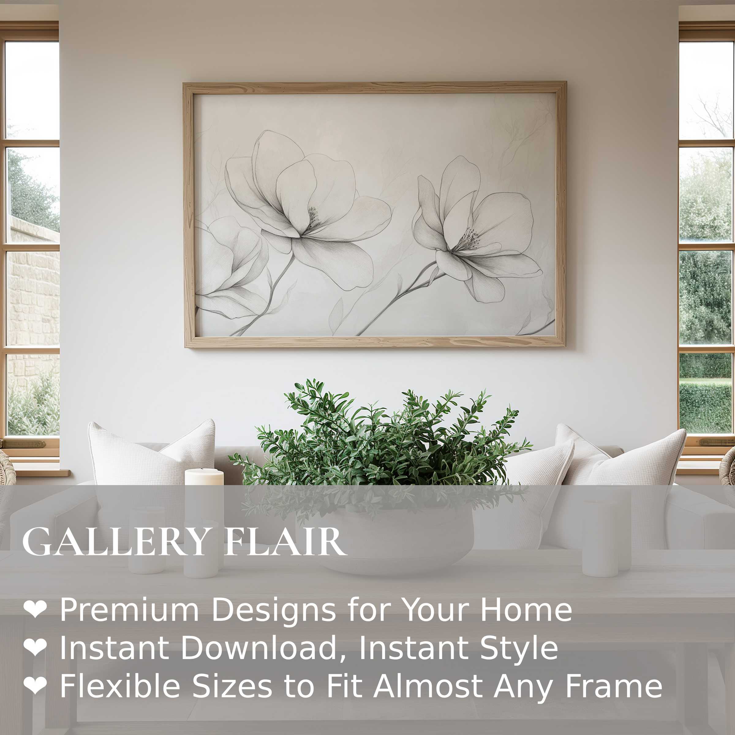 Delicate floral wall art print in soft pencil sketch style, enhancing serene modern living spaces with subtle elegance and natural harmony