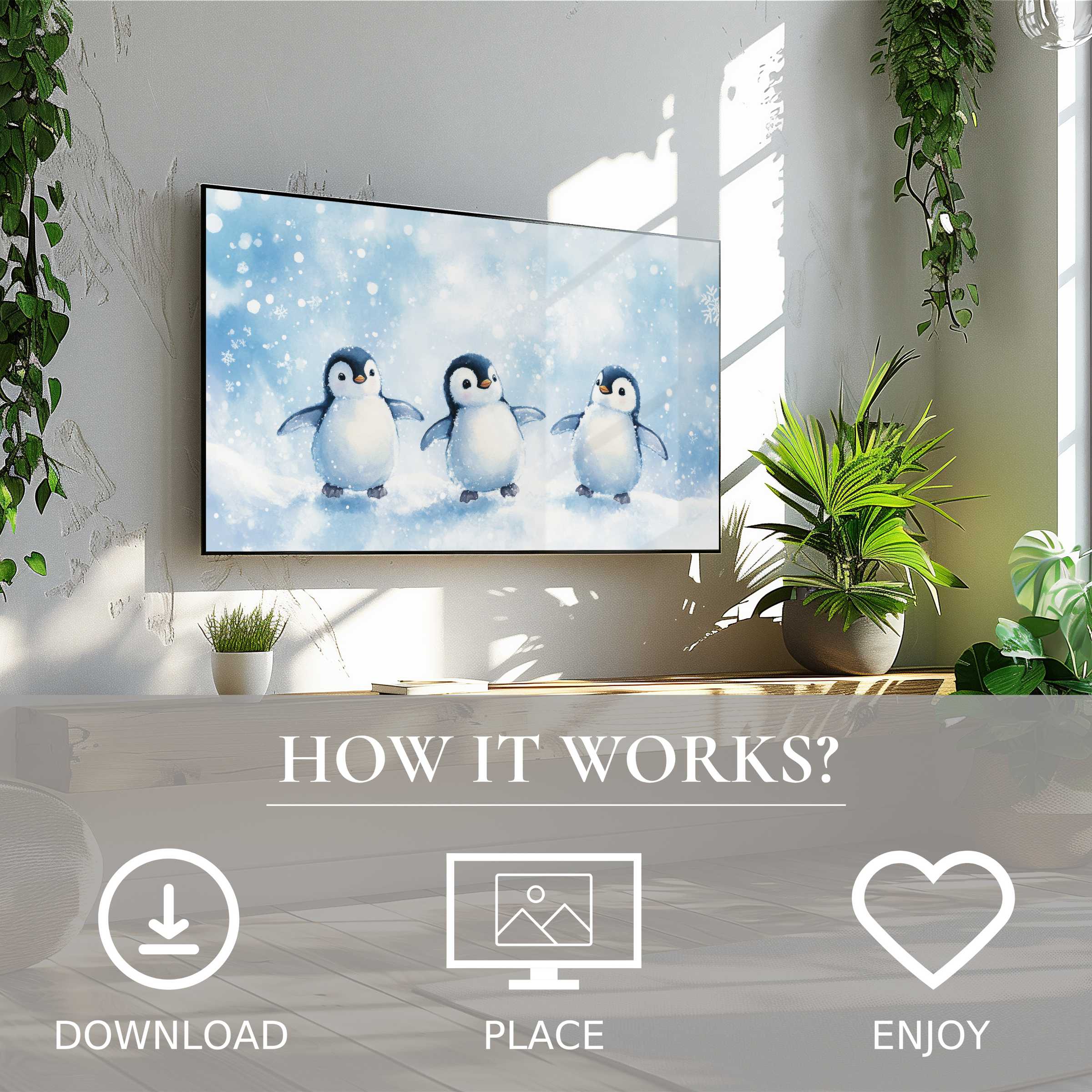 Nursery art for Samsung TV: digital download shows cute penguins in soft blue snow, brightening modern living spaces