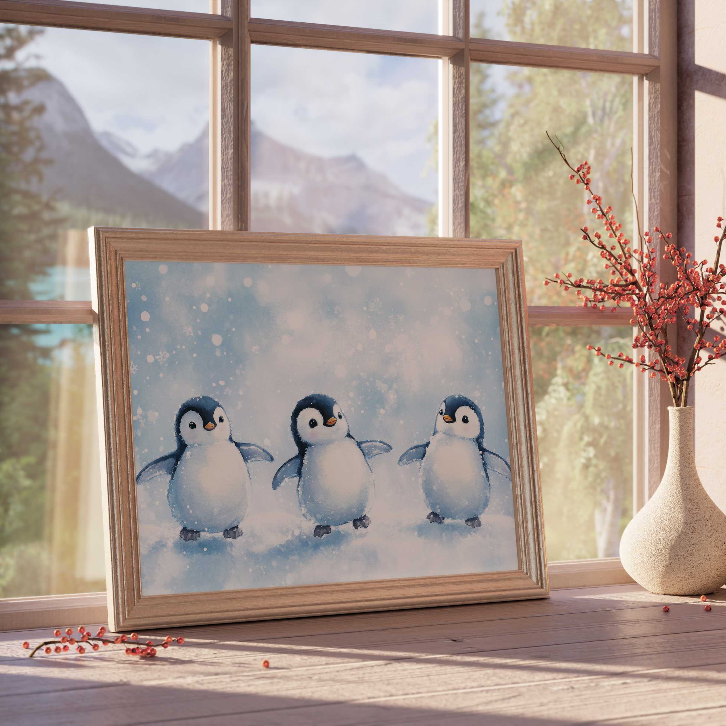 Nursery downloadable art featuring whimsical penguins in soft snowfall, perfect for curated, tranquil, stylish children's rooms