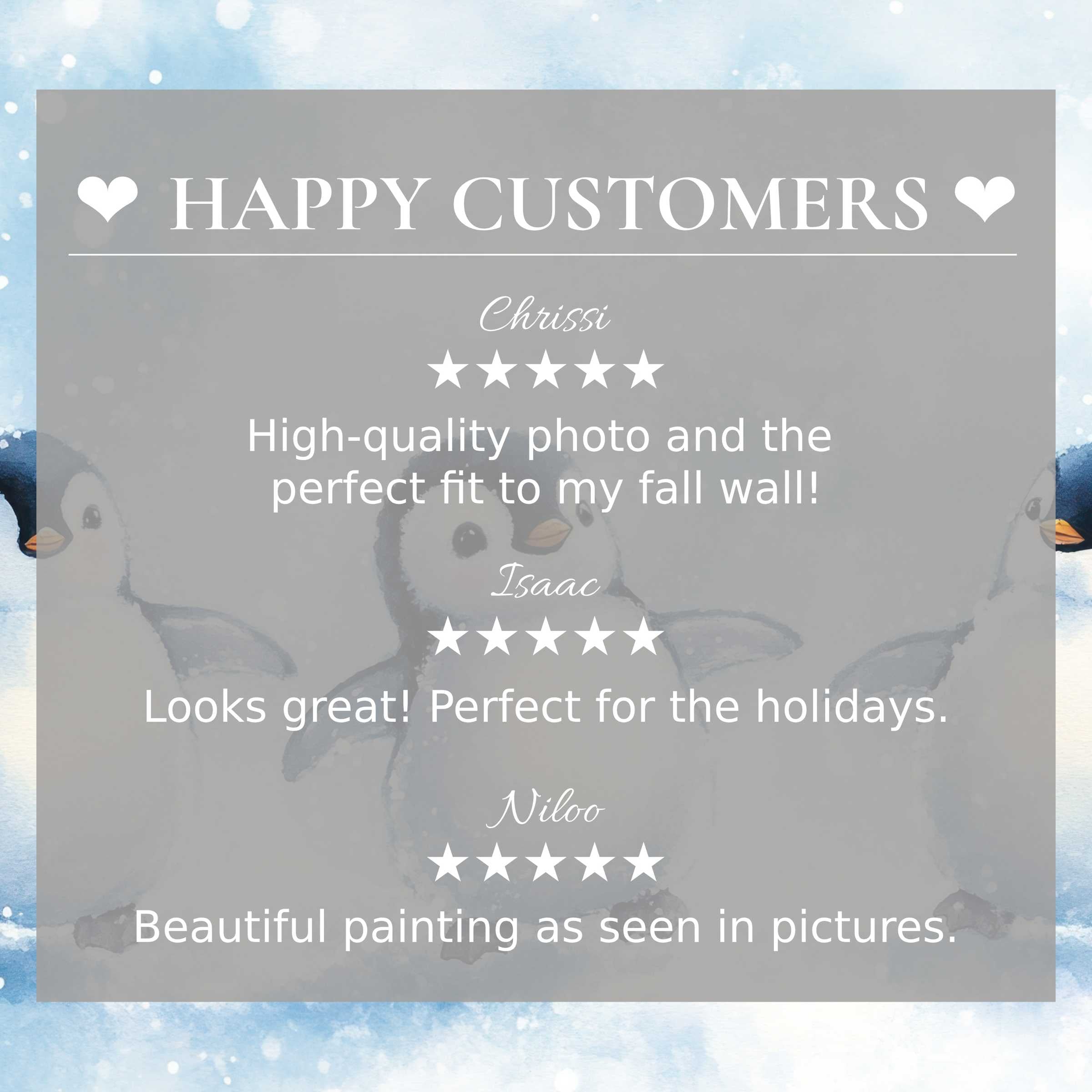 Nursery art for Frame TV with soft blue penguin background, showcasing elegant design and happy customer reviews
