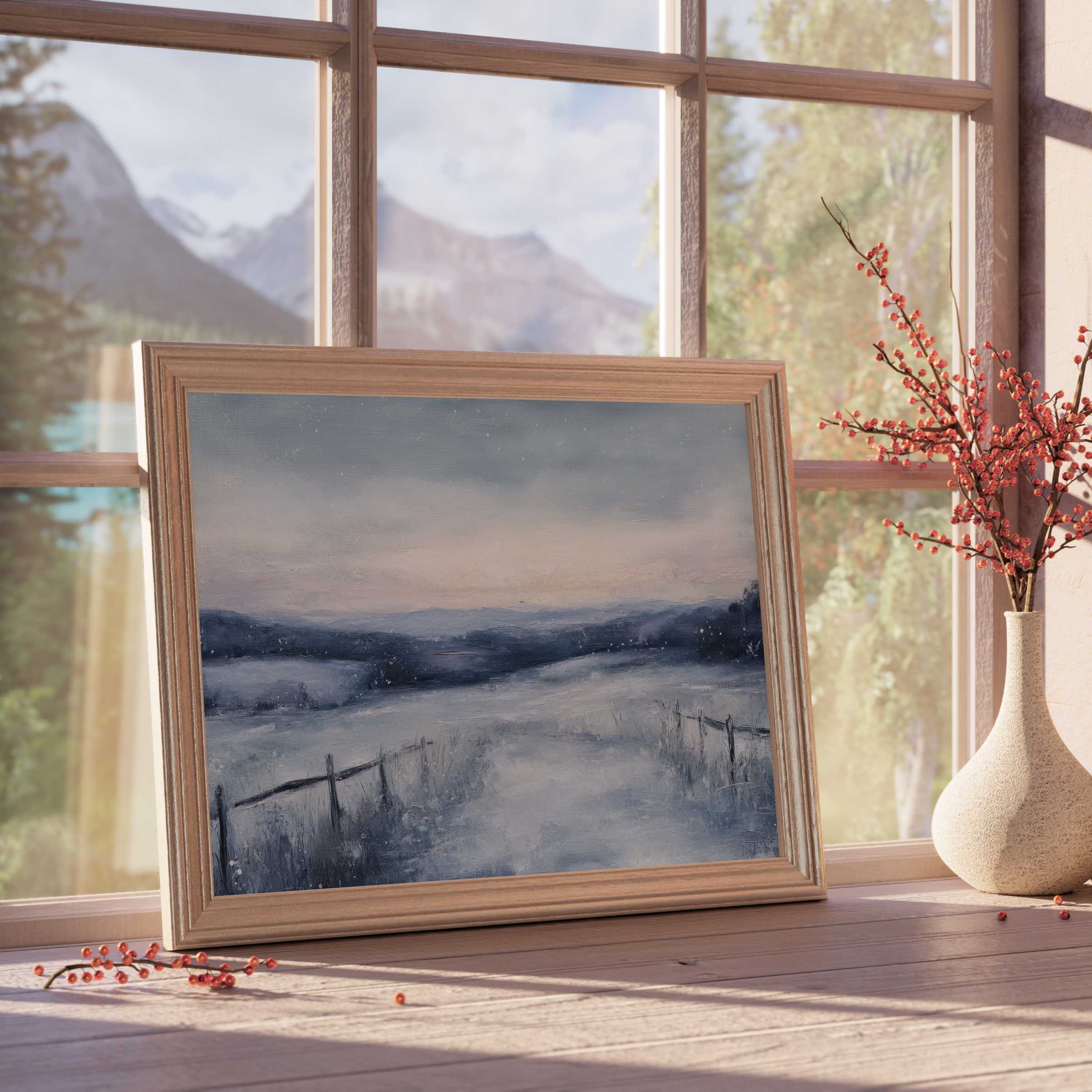 Vintage downloadable art capturing serene snowy landscapes, perfect for elevating curated, tranquil living spaces with timeless charm